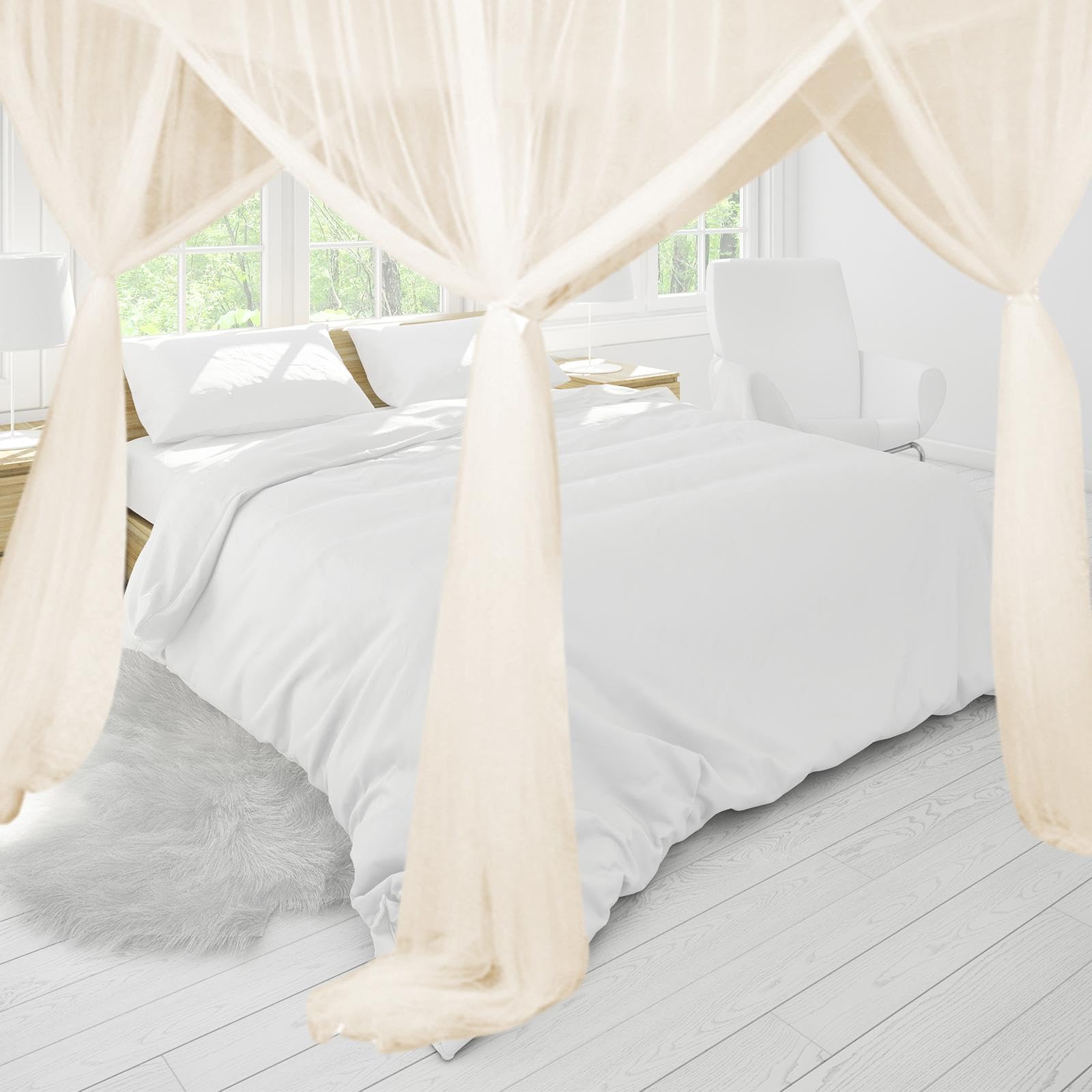 BESGA 4 Corner Post Bed Canopy Net - Elegant Hanging Bed Tent for Kids & Adults - Beige Bed Curtains for Girls' Rooms & Home Decor - Perfect for Nursery, Bedroom & Sleepovers