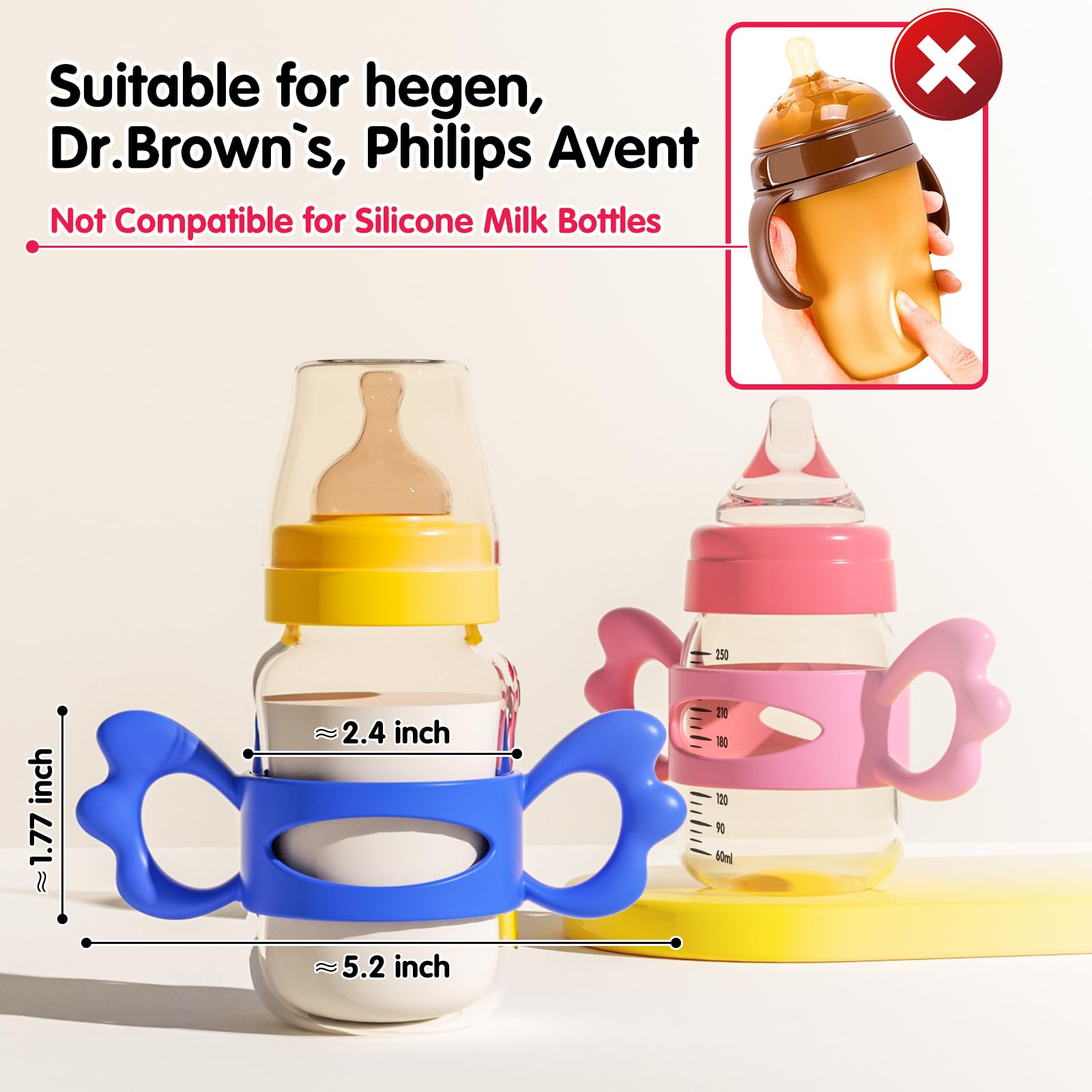 Baby Bottle Handles - 4 Pack Silicone Wide-Neck Bottle Grips for Easy Holding, Fits Bottles Over 6cm Outer Diameter, Pink Angel Wing Design - Perfect for Toddler Self-Feeding, Daycare, and Travel Use