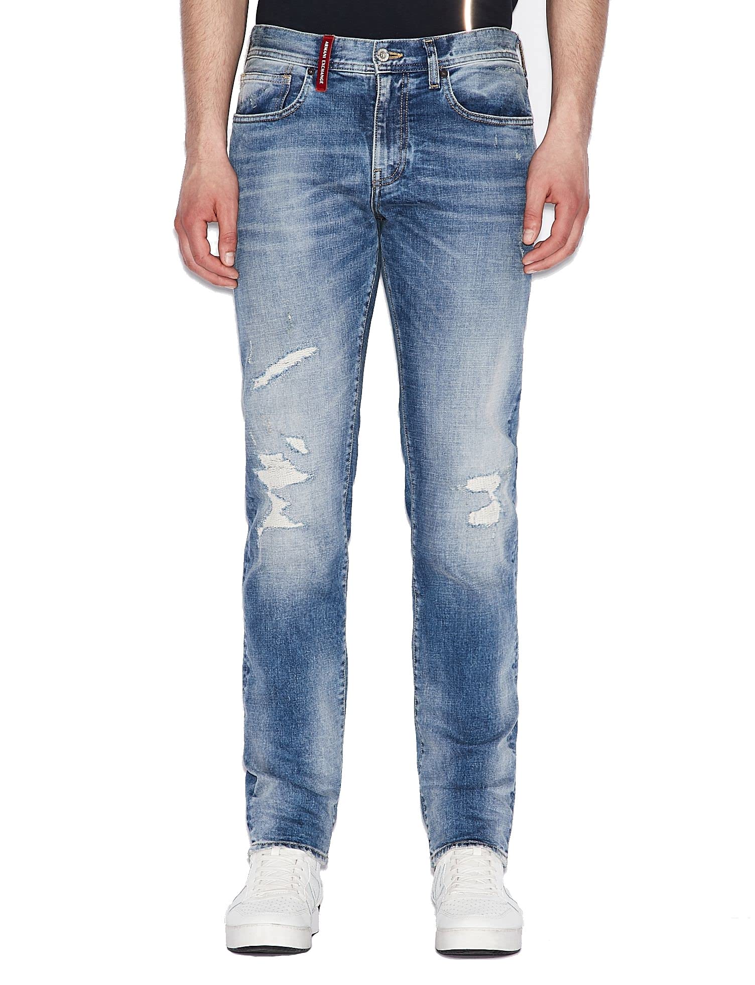 Armani Exchange Men's Slim Fit Medium Wash Denim Jeans with Patch & Repair Details | Casual Wear & Night Out Outfits