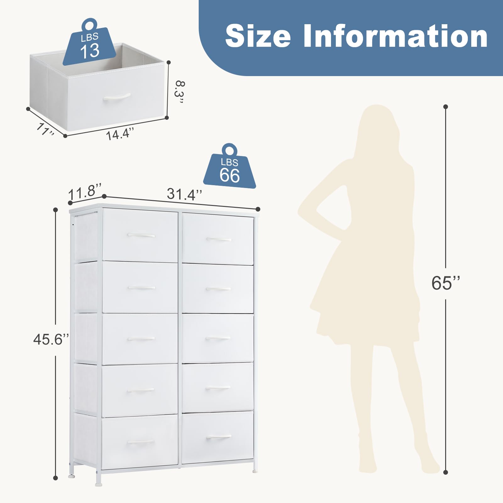 DUMOS 10-Drawer Dresser with Fabric Bins & Sturdy Metal Frame - Wood Tabletop Storage Tower for Bedroom, Kids Room, Closet, Nursery, Entryway - Grey & White | Perfect for Organizing Clothes, Toys, and Home Essentials