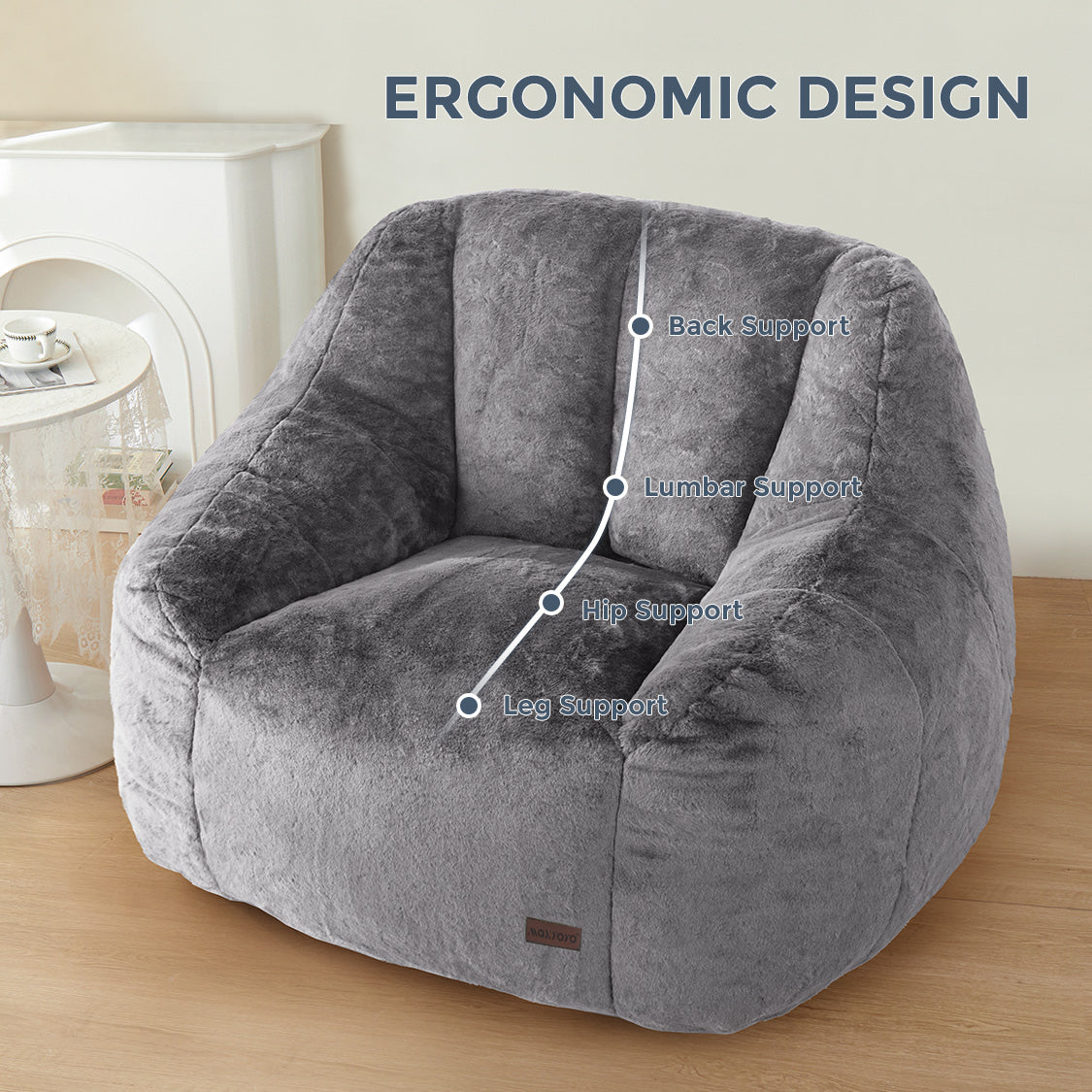 MAXYOYO Faux Fur Bean Bag Chair with High Backrest - Grey, Oversized Comfortable Lounge Chair for Living Room, Bedroom, Dorm, or Game Room - Perfect for Relaxing, Reading, and Gaming