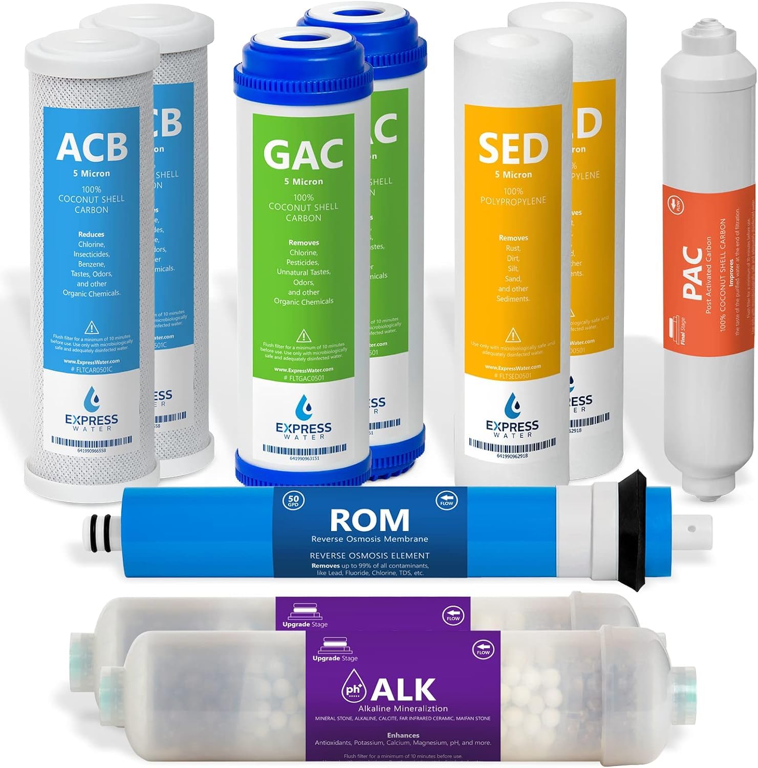 Express Water 1-Year Alkaline Reverse Osmosis Replacement Filter Set - 10 Filters with 50 GPD RO Membrane - 10 Inch Water Filtration System for Clean Drinking & Cooking Water