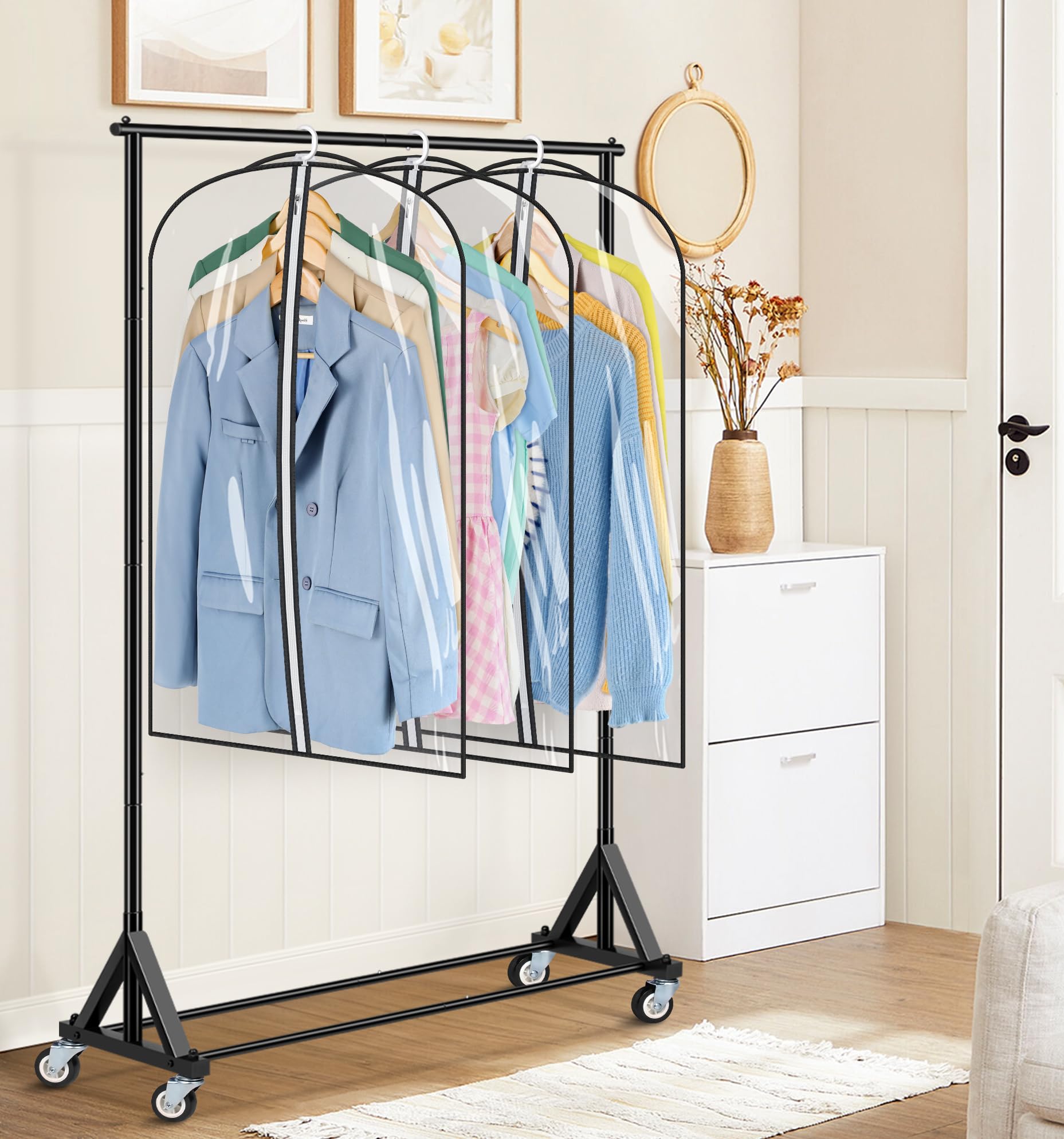 SLEEPING LAMB Clear Garment Bags for Clothes Storage - 43 Inch Plastic Suit Covers with Space Saving Hangers (4 Holes) - Perfect for Shirts, Coats, Jackets & Closet Organization - 3 Pack for Travel & Home Use