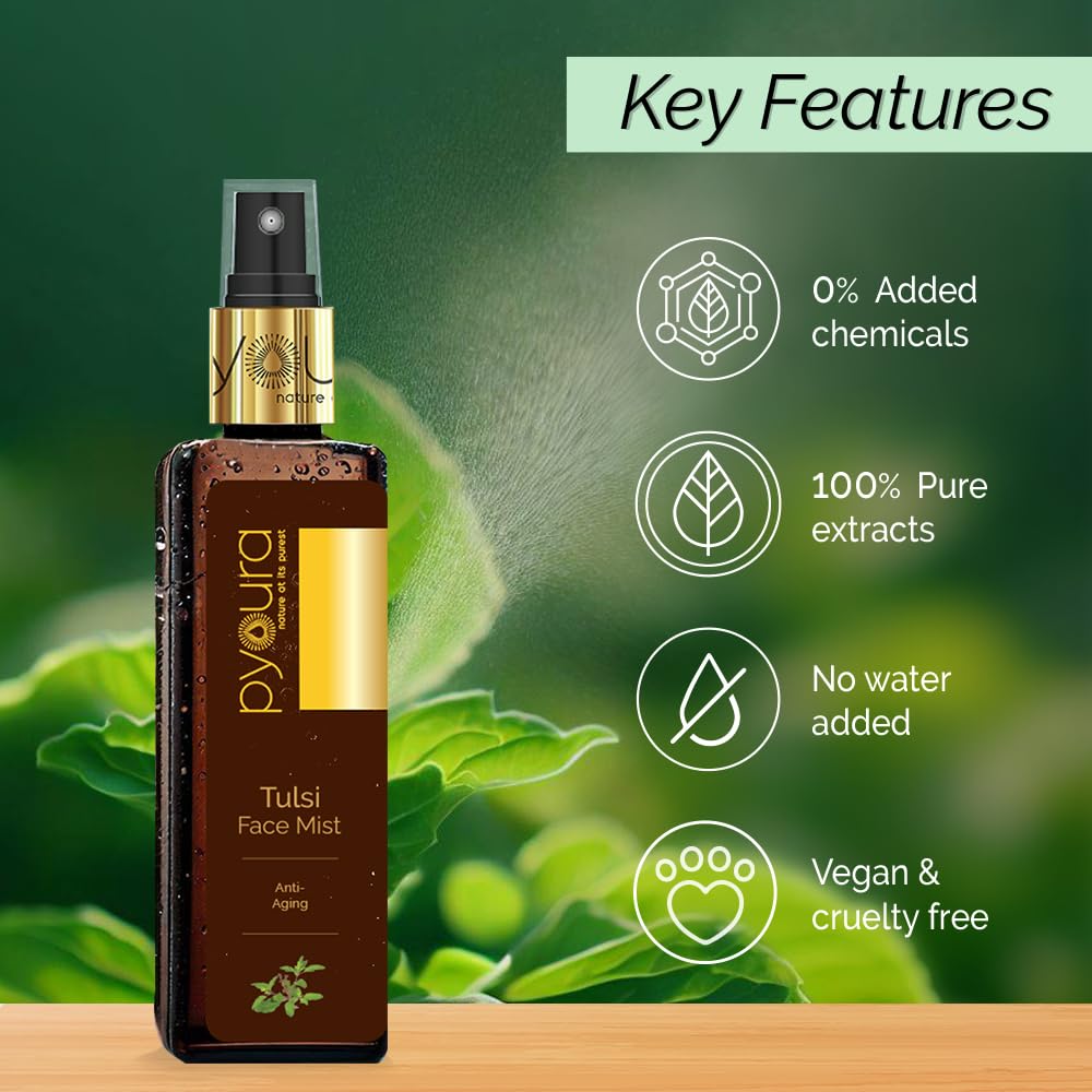 PYOURA Tulsi Anti-Wrinkle Face Mist 100ml - Natural Anti-Aging Serum & Toner for Glowing Skin, Pore Tightening, Hydration - For Dry, Oily & Combination Skin - Perfect for Daily Skincare Routine & On-the-Go Refreshment