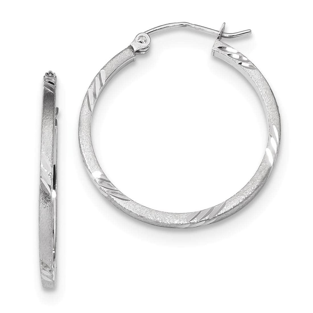 14K White Gold Satin & Diamond-Cut Square Tube Hoop Earrings for Women - Elegant Everyday Jewelry for Work, Parties & Special Occasions