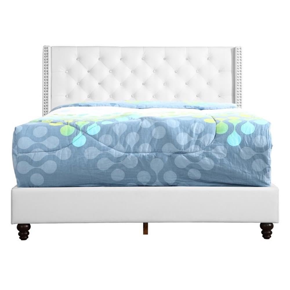 Glory Furniture Julie White Faux Leather Upholstered Queen Size Bed Frame - Perfect for Modern Bedroom & Guest Room Decor