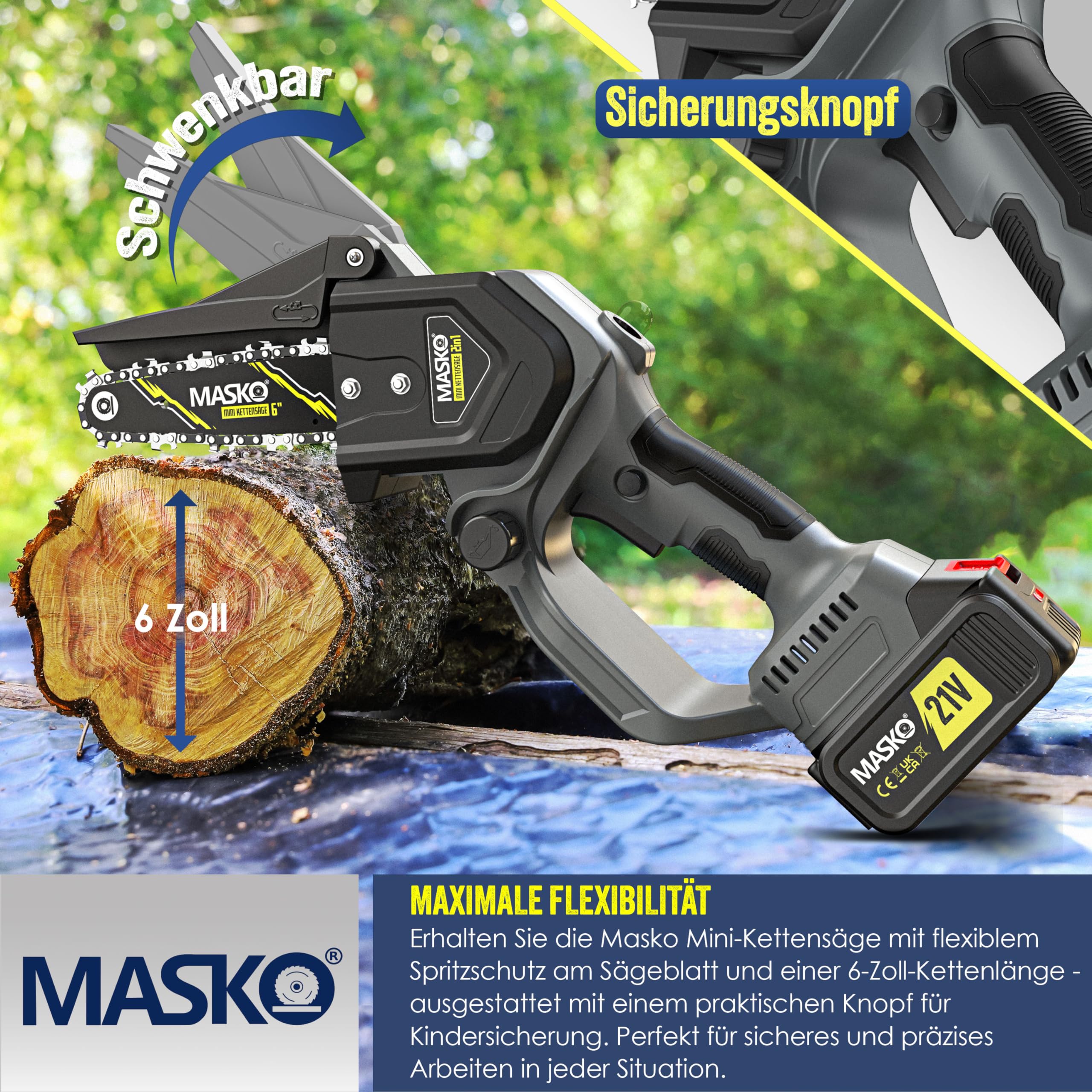 MASKO® 6-Inch Mini Chainsaw with 8000mAh Battery - 800W Electric Hand Chainsaw with 2×4000mAh Batteries & Automatic Oil System for Wood Cutting, Garden Shears, Loppers & Tree Trimming | Perfect for DIY Projects, Yard Work & Home Improvement