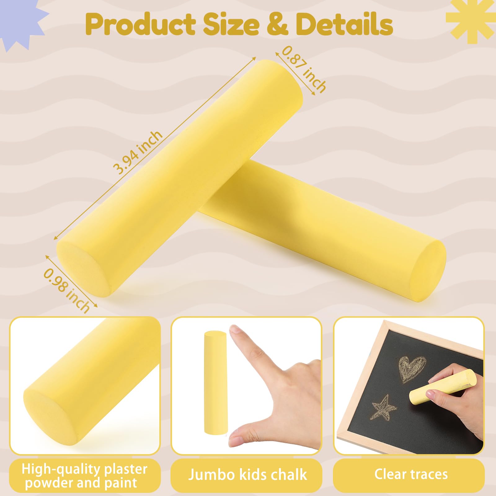 Fulmoon 80 Pcs Jumbo Sidewalk Chalk Bulk - Large Outdoor Washable Chalk for Kids, Toddlers & Adults - Non-Toxic Art Drawing & Painting Supplies - Perfect for Street Art, Classroom Activities & Christmas Gifts (Yellow)