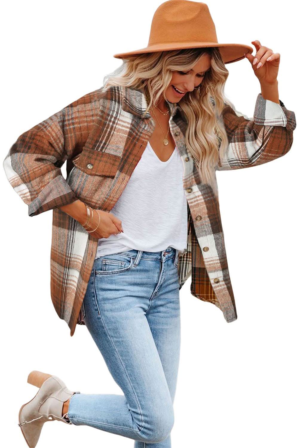 Brown Plaid Flap Pocket Shacket for Men & Women | Cozy Fleece-Lined Overshirt Jacket | Perfect for Fall & Winter Layering, Outdoor Adventures & Casual Wear