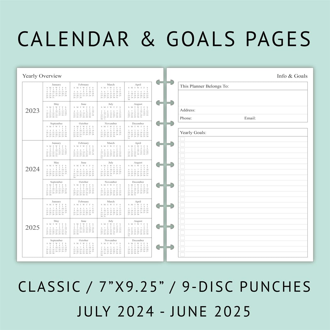 Newestor 2024-2025 Weekly Planner Refills for Happy Planner - July 2024 to June 2025 Calendar, 9 Discs Punched, Classic Size 7