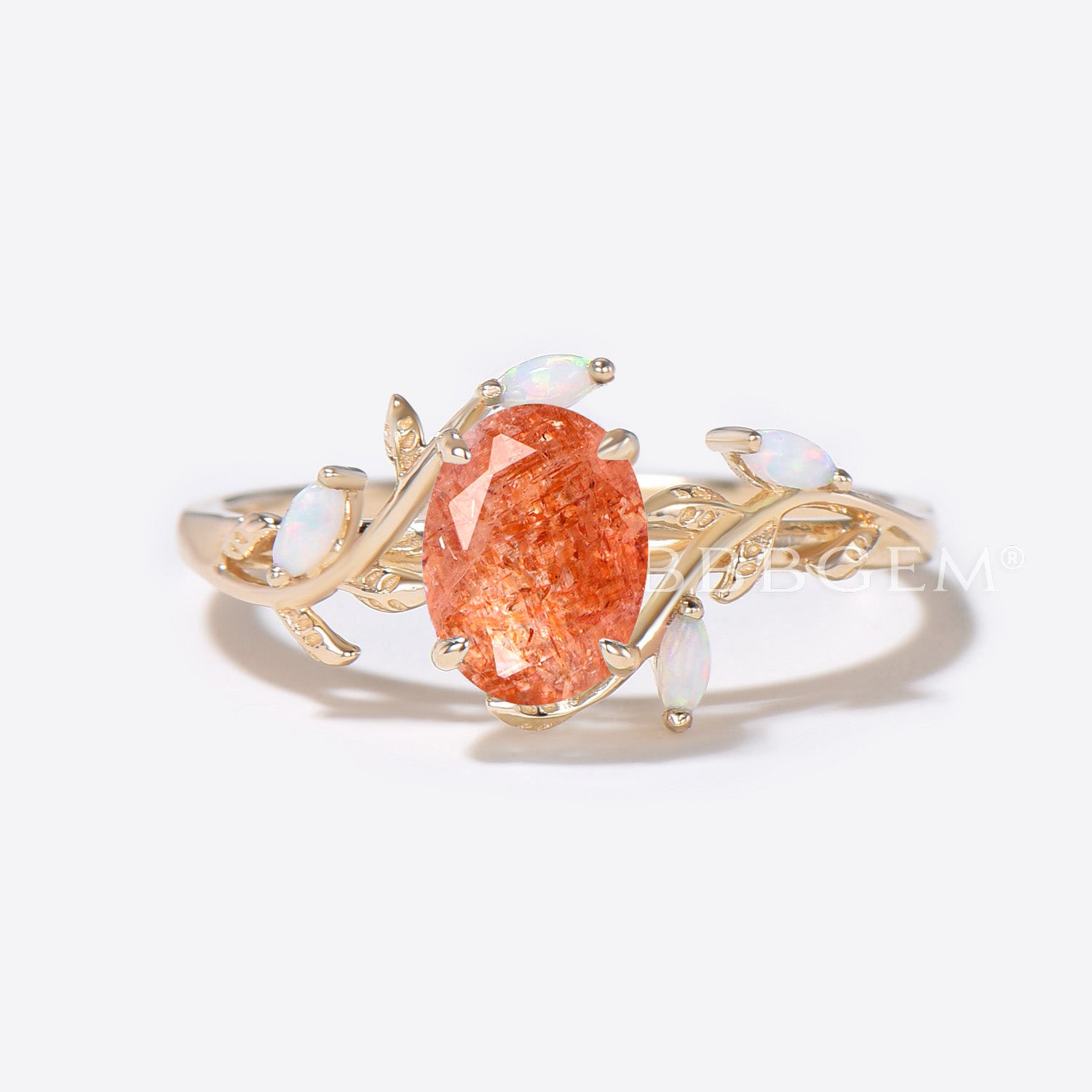 1.5ct Oval Sunstone Engagement Ring - 14K Gold Leaf Vine Design with Opal Accents - Elegant Wedding Band for Women - Perfect for Proposals, Anniversaries & Special Occasions