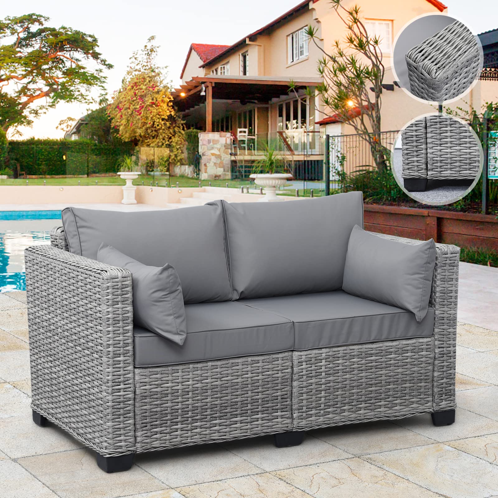 **Rattan Outdoor Loveseat Sofa - 2-Seater Patio Furniture with Anti-Slip Cushions, Lumbar Pillow & Cover (Grey) - Perfect for Balcony, Garden, Deck & Poolside Relaxation**