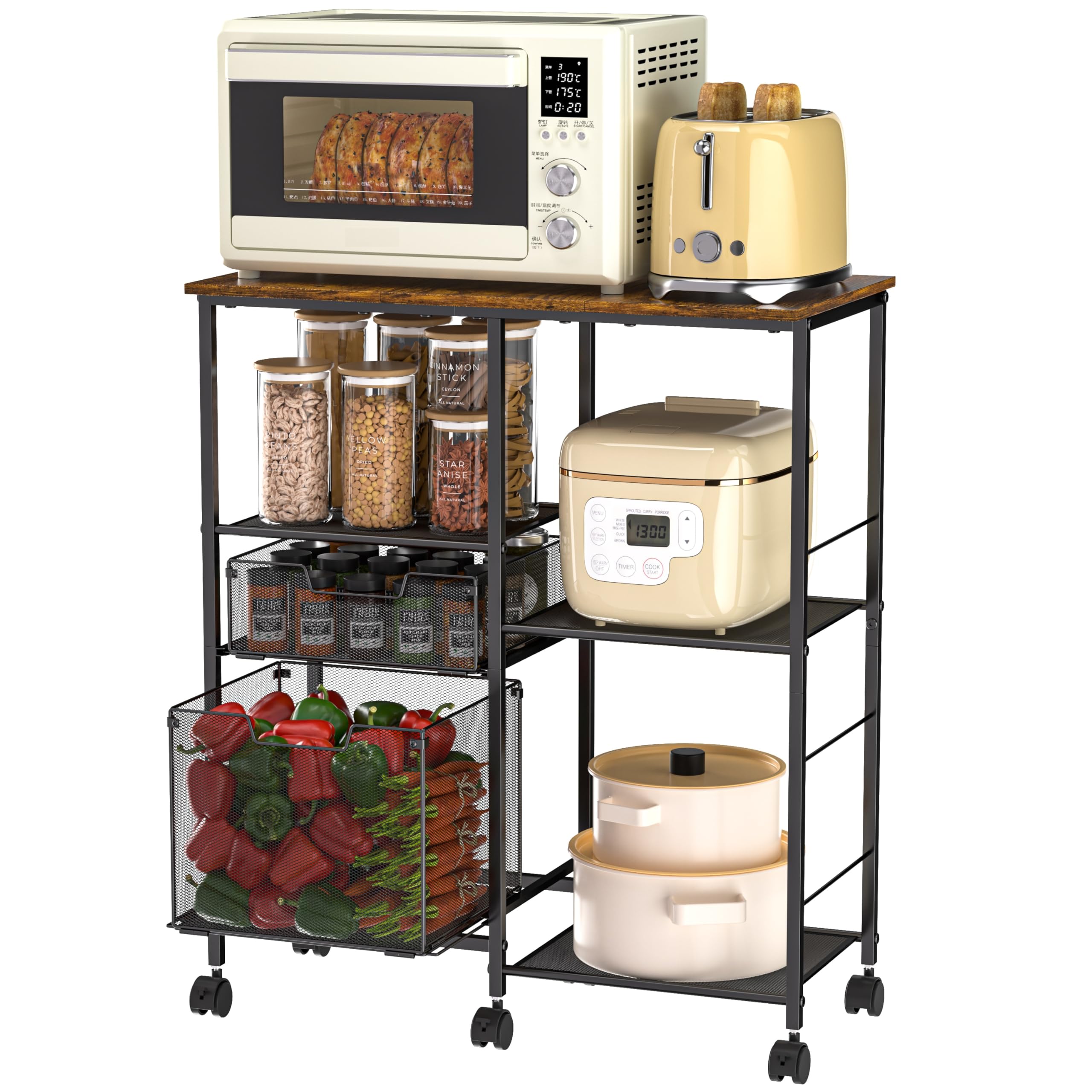 Rolling Microwave Cart with Storage & Drawers - Mobile Kitchen Island Cart with Wheels, Bakers Rack & Coffee Bar Station - Perfect for Small Kitchens, Apartments & Pantry Organization