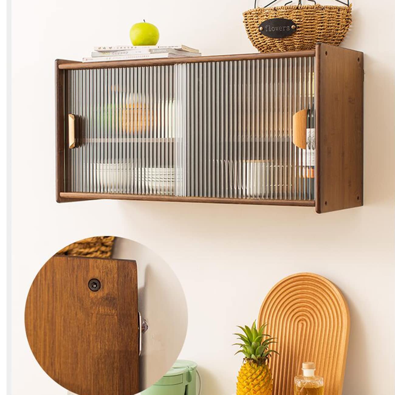 Multifunctional Wall Cabinet for Living Room, Kitchen & Study - Spice Storage, Cutlery Organizer, Cup Holder (Brown, 77x39x28cm) - Perfect for Entryway, Pantry & Home Office Organization