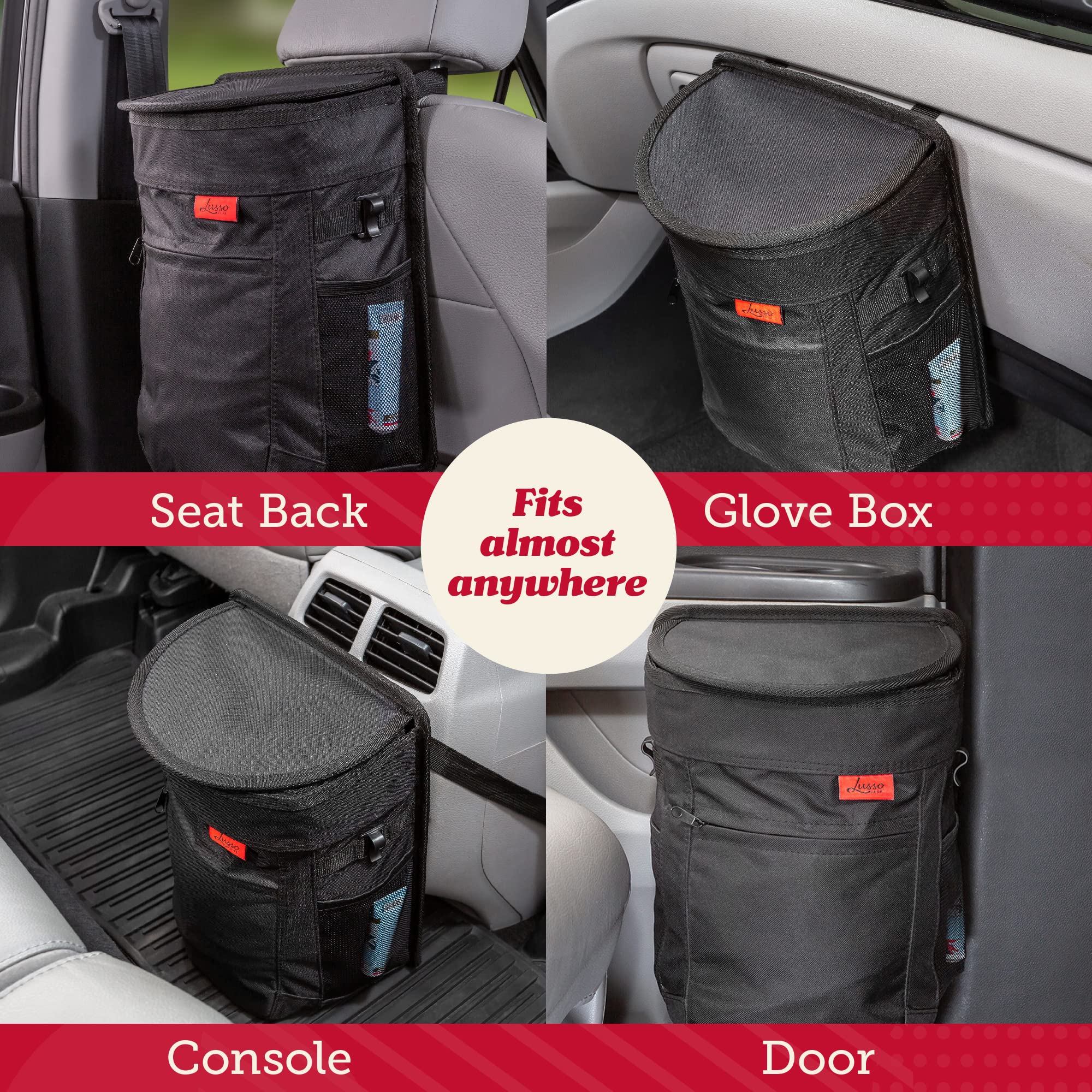 Lusso Gear Spill-Proof Car Trash Can (2.5 Gallon, 2 Pack) - Leak-Proof Hanging Garbage Bin with Removable Liner - Waterproof & Odor-Free for SUV, Truck, Minivan - Easy to Clean & Organize - Perfect for Road Trips, Camping, and Daily Commute (Black)