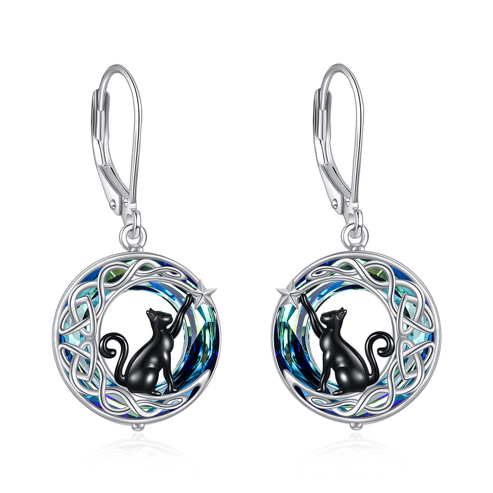 VONALA 925 Sterling Silver Celtic Moon Cat Leverback Earrings with Crystals - Elegant Jewelry Gift for Women & Girls | Perfect for Birthday, Anniversary & Everyday Wear