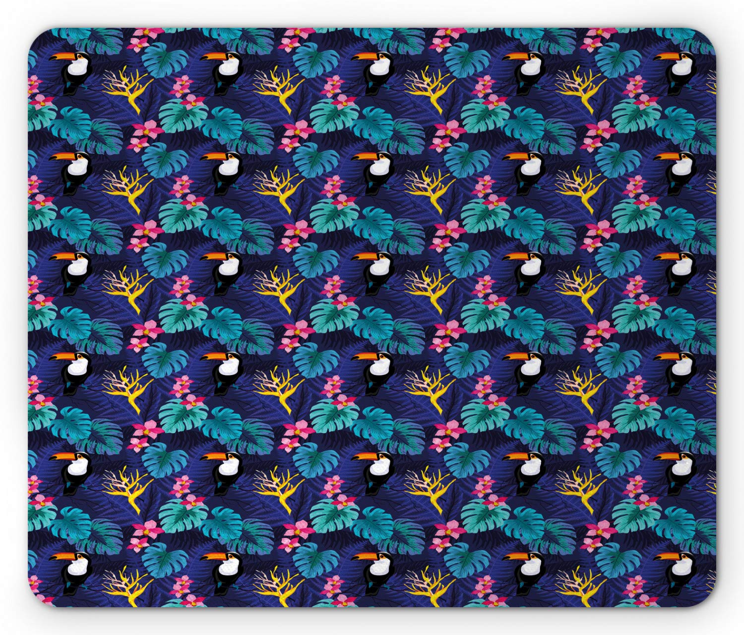 Ambesonne Aloha Tropical Rainforest Mouse Pad - Non-Slip Rubber Mousepad with Toucan Parrot, Island Leaves & Pink Flowers - Standard Size Rectangle Desk Mat for Office, Gaming & Home Computer Use