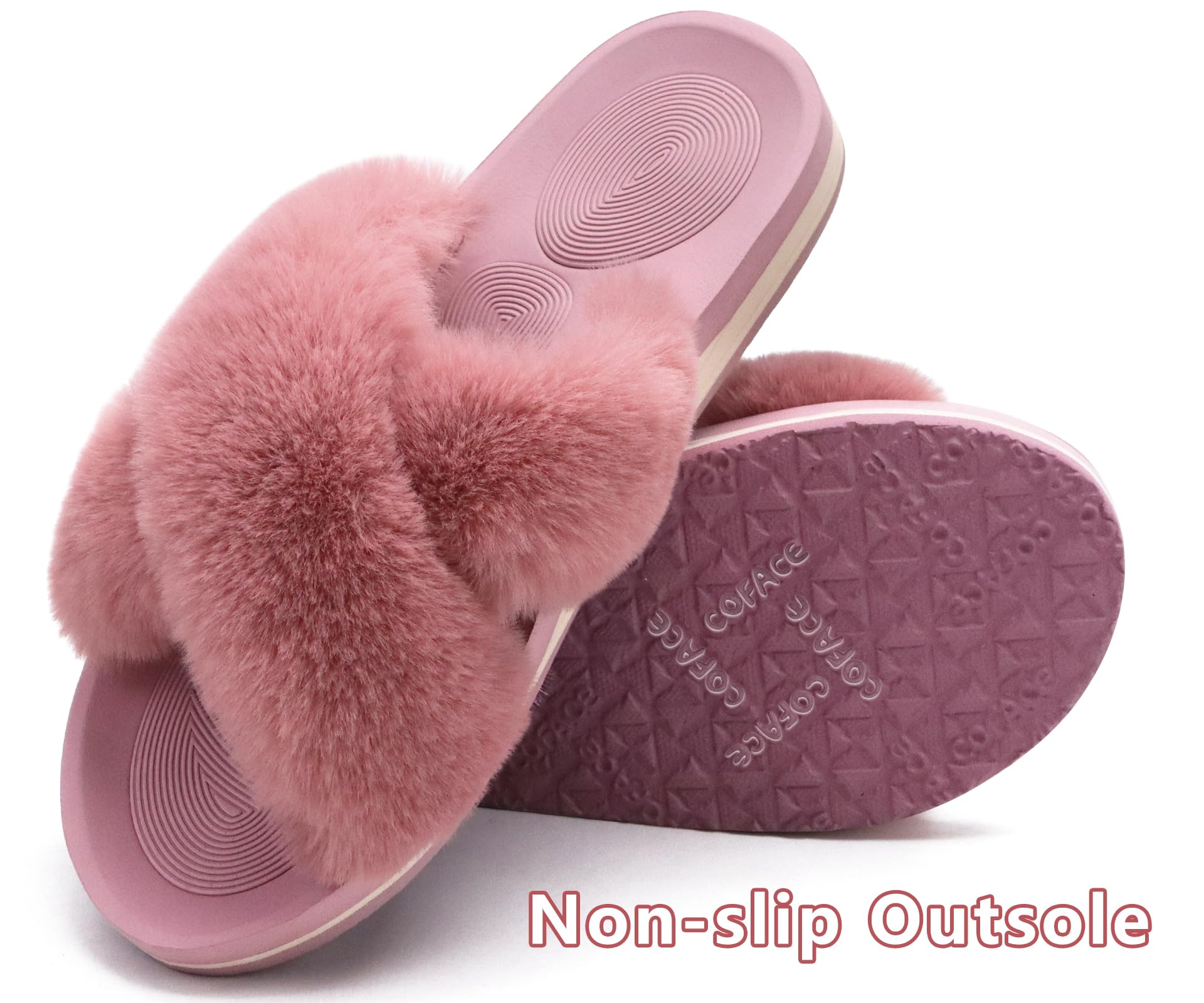 COFACE Women's Fuzzy Slides - Fluffy Faux Fur House Slippers with Arch Support, Open Toe Sandals for Indoor/Outdoor Use - Perfect for Yoga, Lounging & Home Comfort