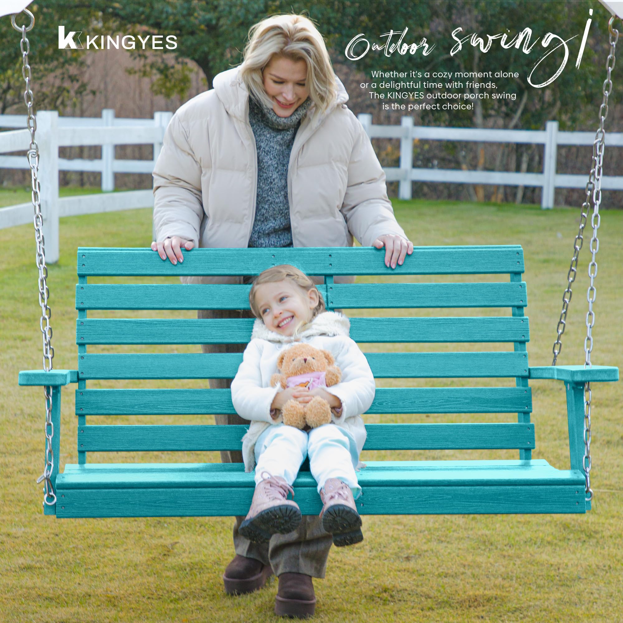 KINGYES 2-Person Outdoor Hanging Porch Swing Chair with Cup Holders - 660LBS Weight Capacity, Waterproof Patio Swing Bench for Garden, Backyard & Courtyard - Perfect for Relaxing, Reading & Enjoying Nature (Aruba Blue)