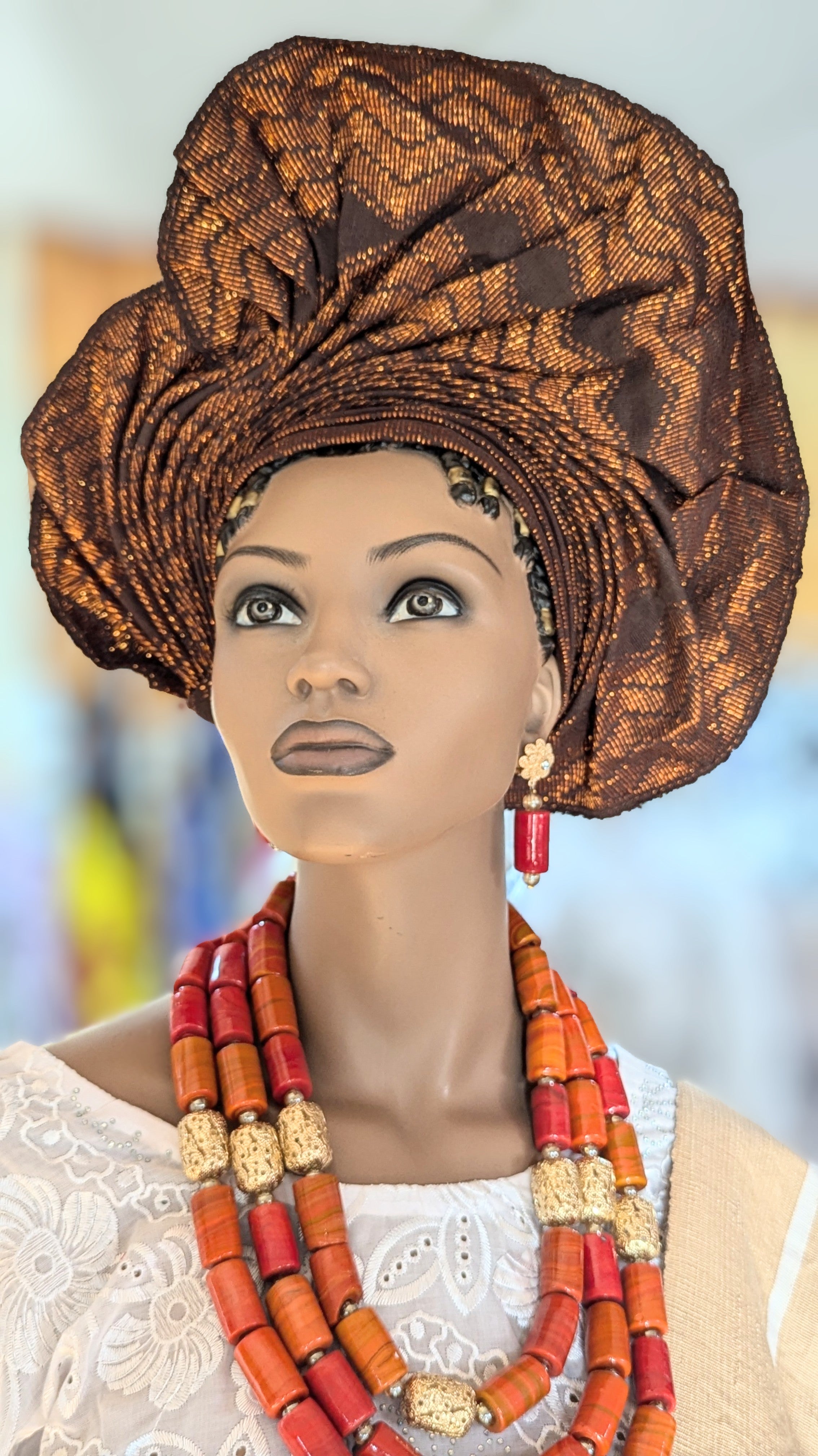 Dupsie's Zainabu Iridescent Brown Aso Oke Ready Gele - Pre-Tied African Head Wrap Hat for Women | Perfect for Weddings, Church, Parties & Special Occasions