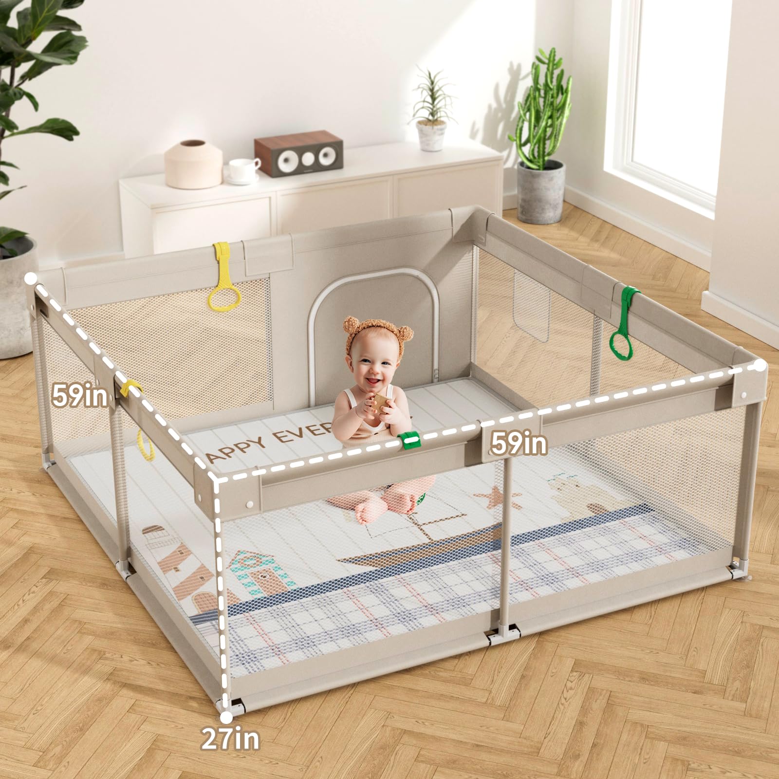 UANLAUO Extra Large Baby Playpen with Mat - 59x59x27 Inch Safe Play Yard for Toddlers & Infants | Indoor/Outdoor Play Area for Baby Boys & Girls | Perfect for Home, Daycare & Travel Use