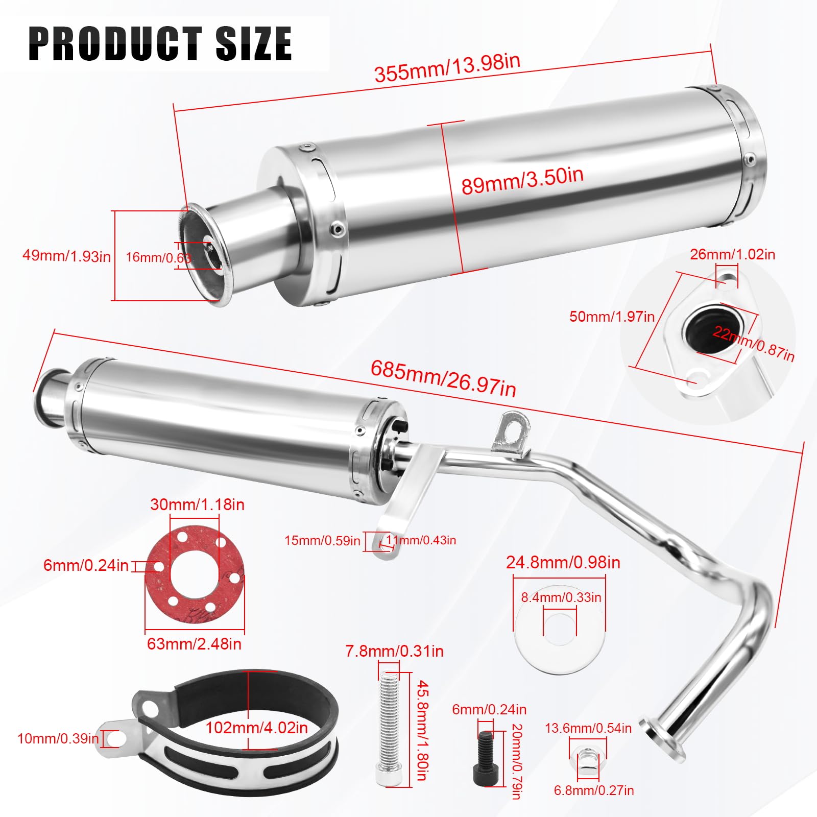 Stainless Steel Motorcycle Exhaust Muffler Pipe for GY6 4-Stroke 50cc 80cc 100cc Scooters - Compatible with QMB139, 139QMB & 1P39QMB Chinese Mopeds - Durable Performance Upgrade for Urban Commuting & Off-Road Adventures
