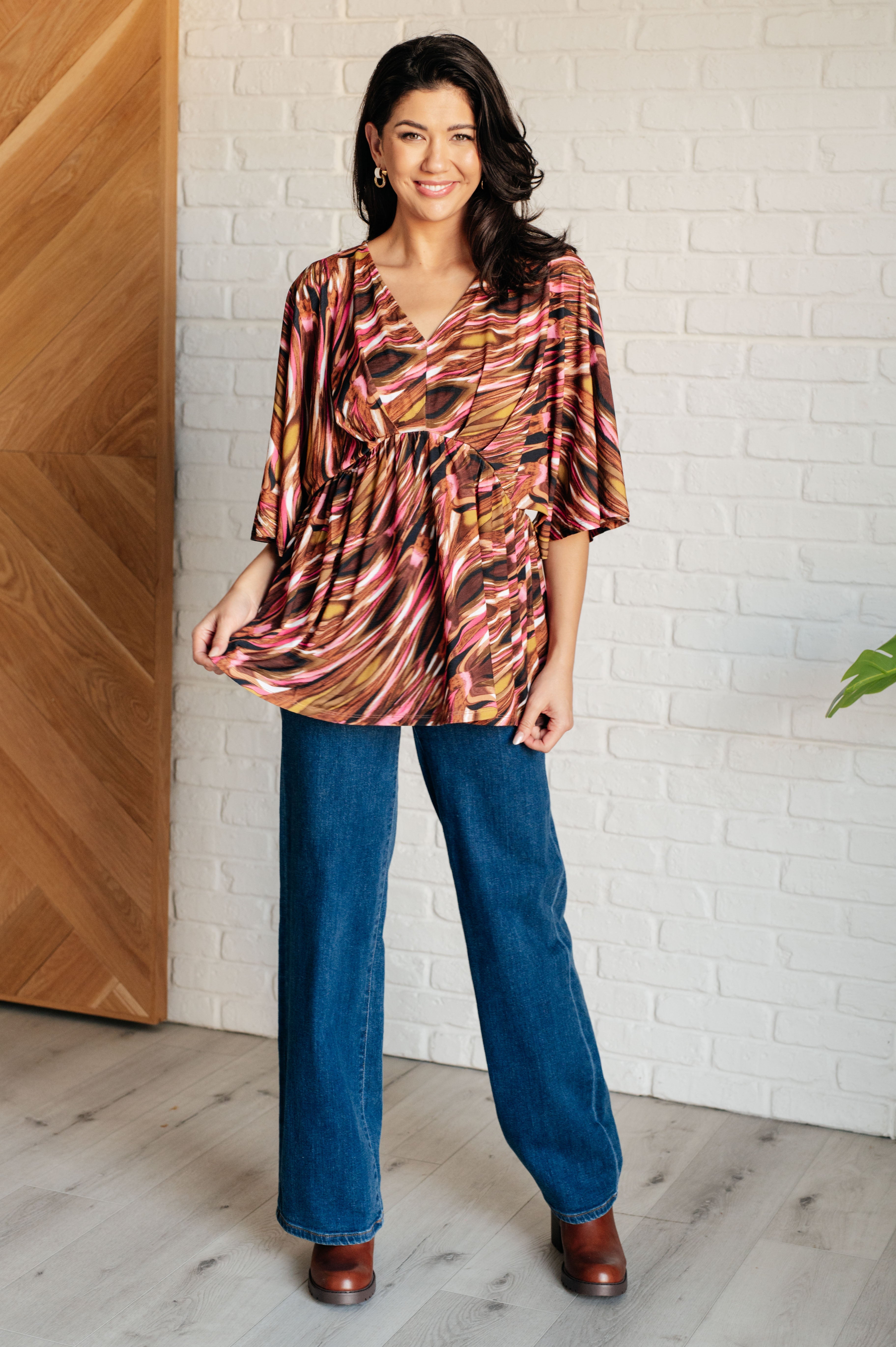Dearest Dreamer Peplum Top in Abstract Mocha - Women's Fashion Blouse for Casual Wear, Office & Date Night