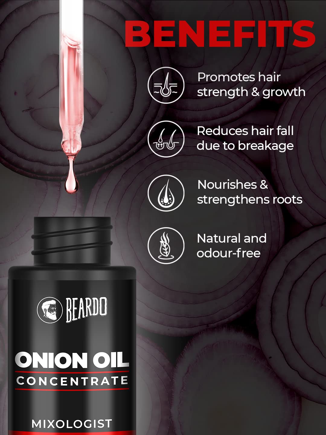 Beardo Onion Oil Concentrate for Hair Growth - 25ml | Red Onion & Sunflower Oil Blend | Natural, Non-Sticky Hair Treatment | Reduces Hair Fall & Strengthens Roots | Perfect for Daily Scalp Massage & Overnight Hair Care
