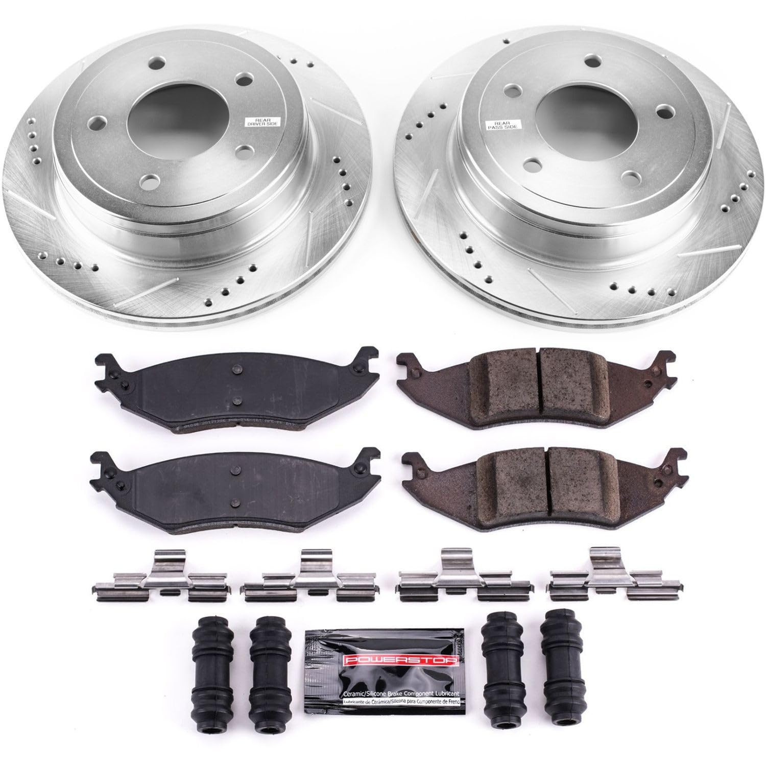 Power Stop K4579 Z23 Performance Brake Kit - Carbon Fiber Brake Pads & Drilled/Slotted Rotors for 2004-2006 Ford E-150 & 2004-2005 E-150 Club Wagon | Improved Stopping Power for Towing & Heavy Loads