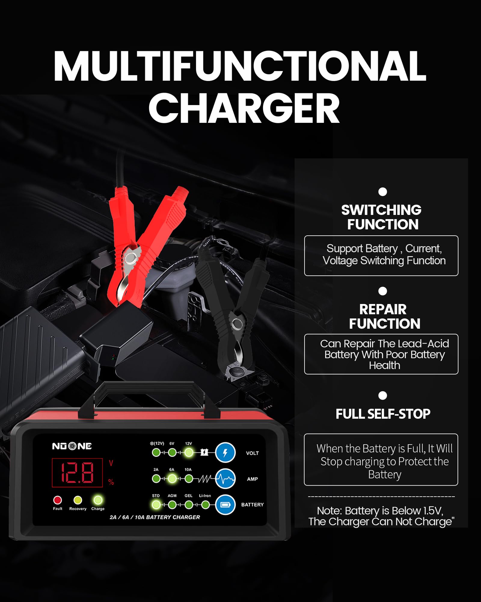NOONE 2/6/10A Smart Car Battery Charger & Maintainer - 6V/12V Fully Automatic Trickle Charger with Desulfation - Compatible with Cars, Motorcycles, Lawn Mowers, Boats & Marine Lead Acid Batteries - Perfect for Winter Storage & Long-Term Battery Maintenance