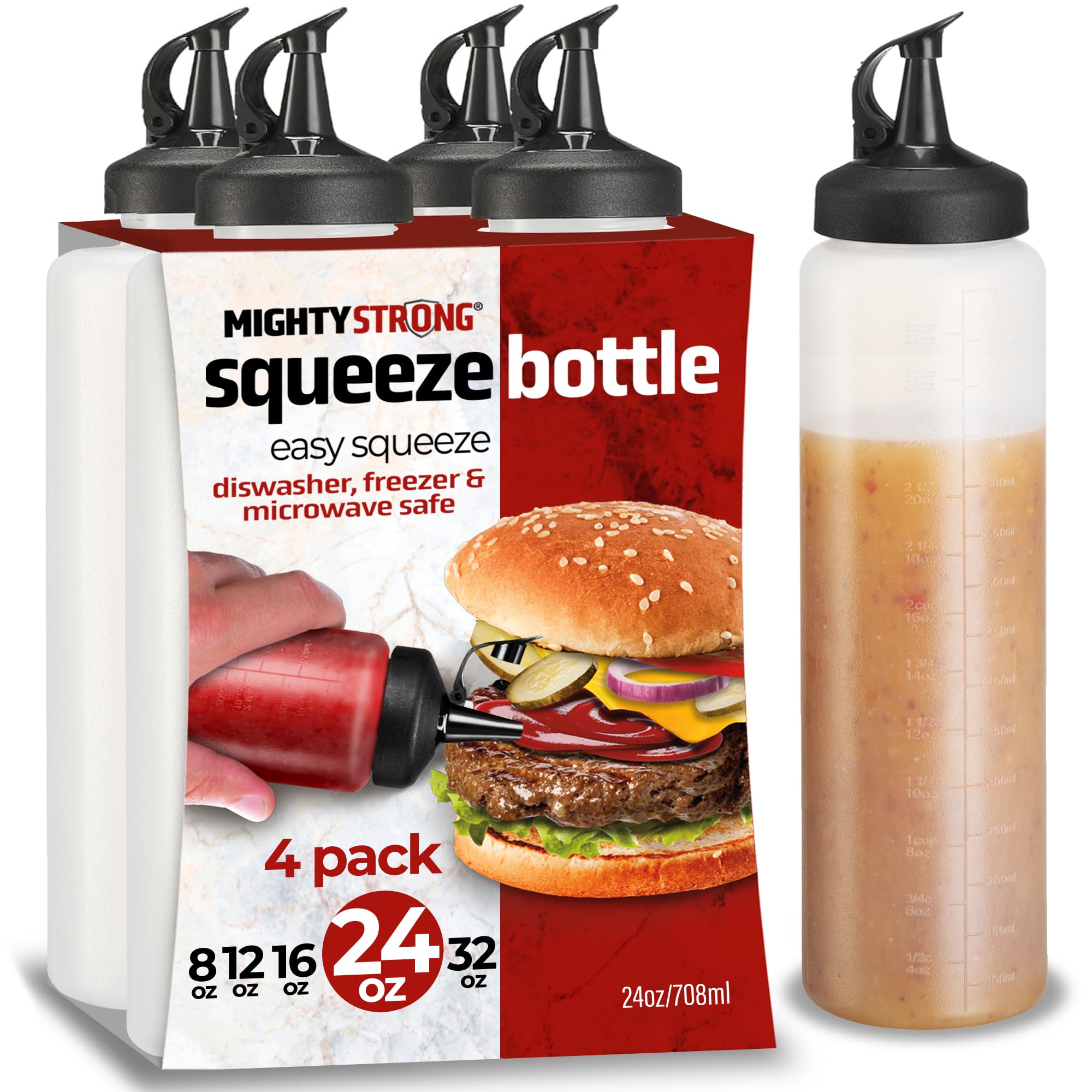 4 Pack 24 Oz Condiment Squeeze Bottles - Leak Proof Snap Cap, Clear Plastic Sauce Dispenser Bottles for Ketchup, Mustard, BBQ, Salad Dressing | Perfect for Restaurants, Home Kitchen & Outdoor BBQ Parties