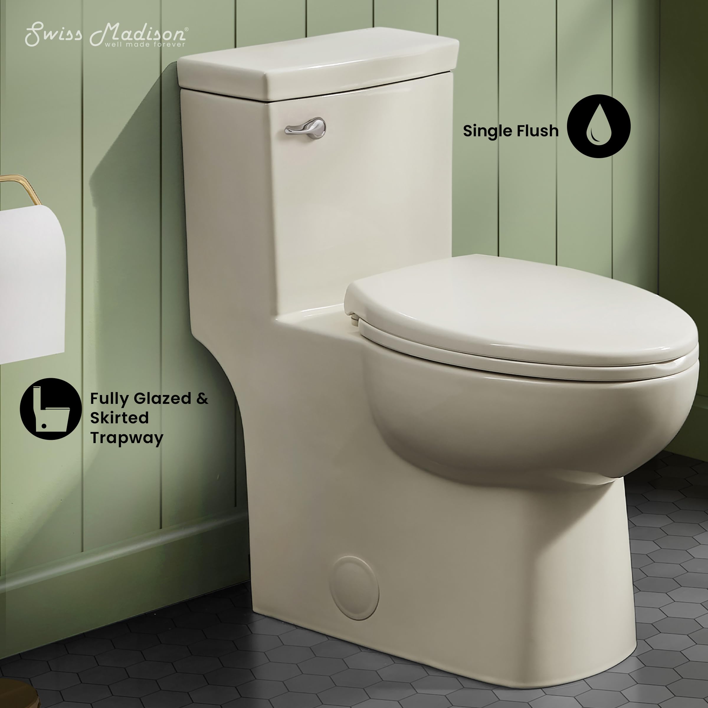 Swiss Madison Classe One Piece Toilet - Modern Elongated ADA Compliant Bathroom Toilet with Dual Flush 1.28 GPF, Front Flush Handle in Bisque Color - Perfect for Residential & Commercial Bathrooms, Hotels and Restrooms