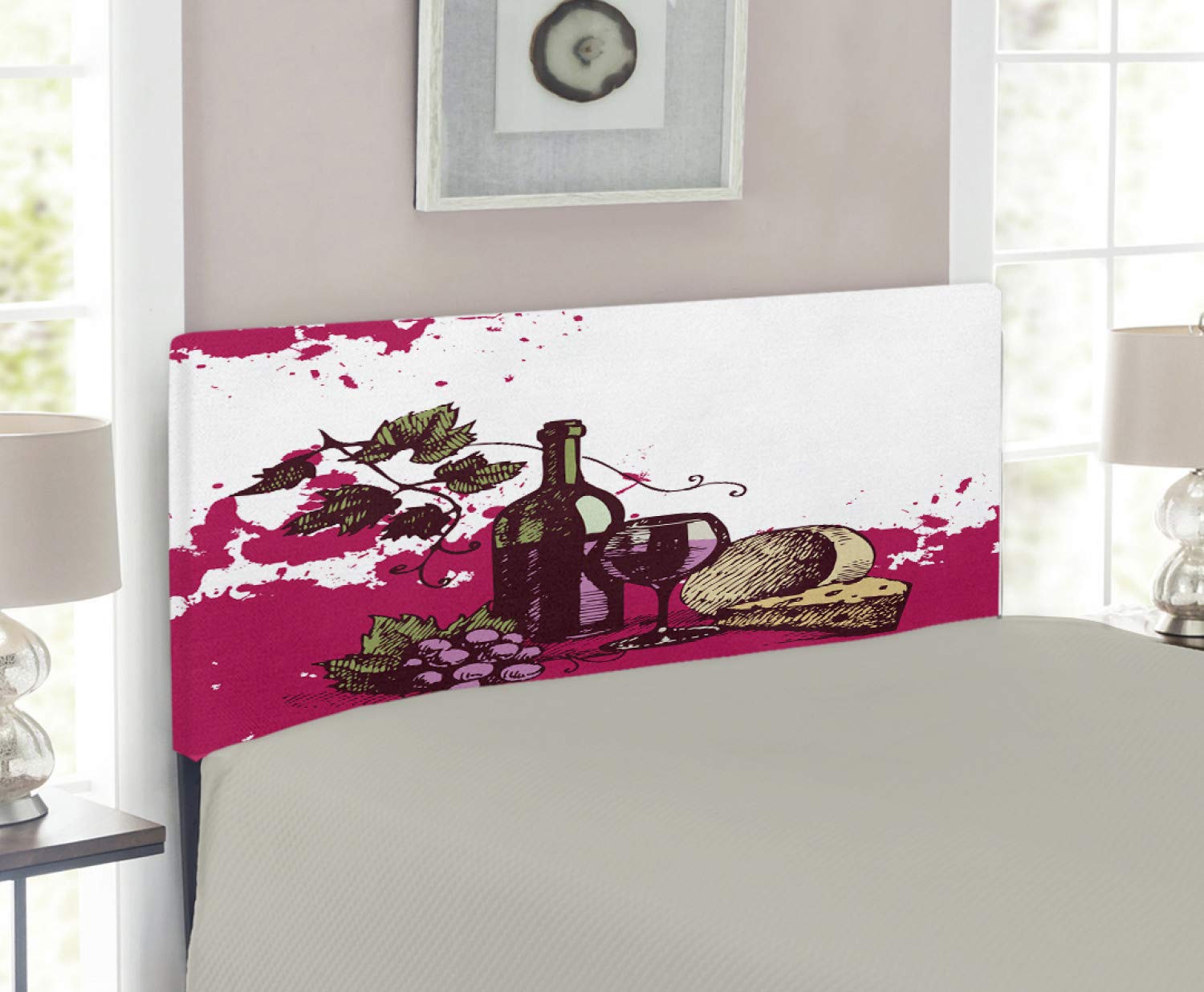 Ambesonne Vintage Wine Headboard - Twin Size Upholstered Metal Bed Frame with Memory Foam, Olive Green & Hot Pink Abstract Cheese & Fruit Design | Perfect for Bedroom Decor, Guest Rooms & Wine Lover Gifts