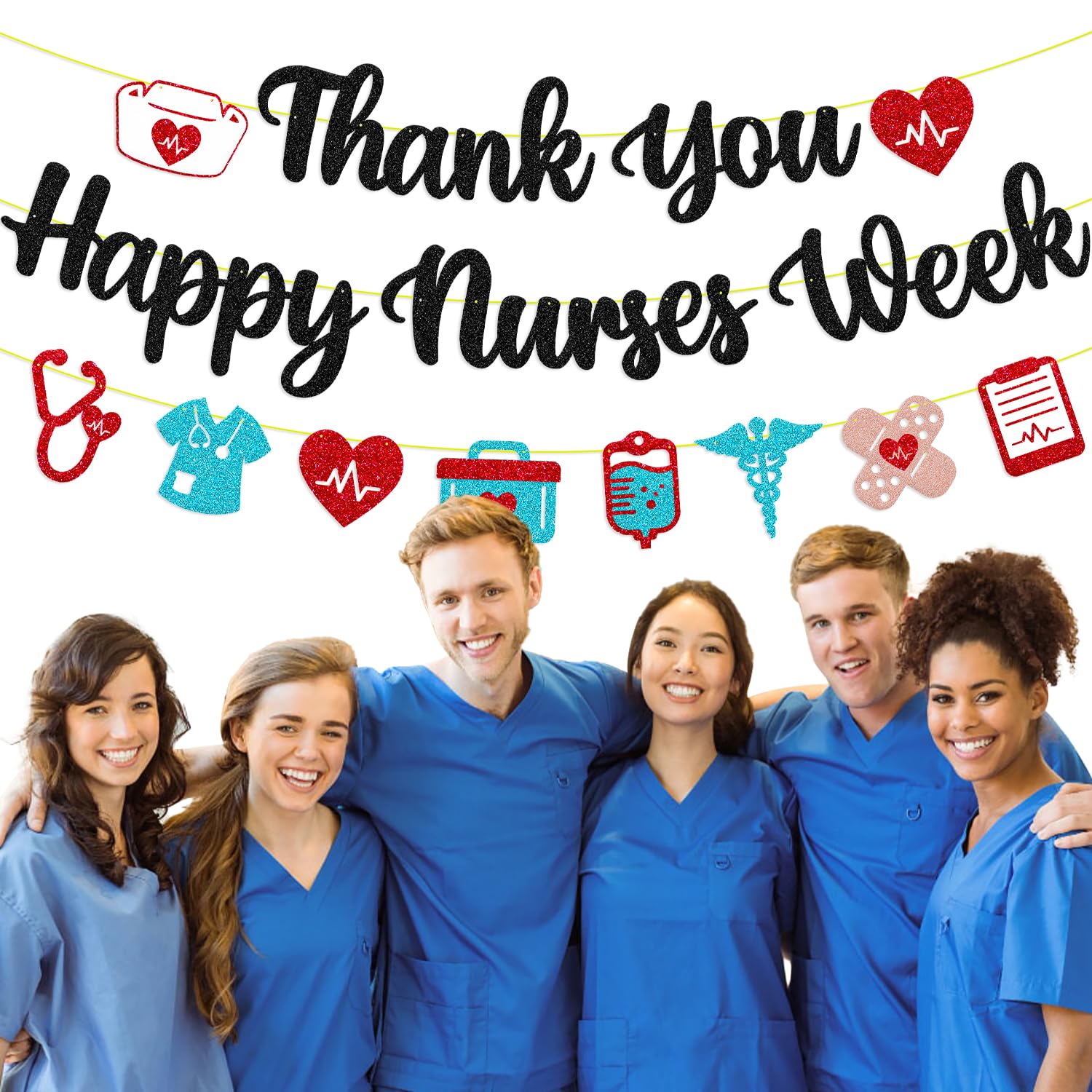 Happy Nurses Week Banner - Certified Nursing Assistant Week Decorations - Nurse Appreciation Backdrop with Black Glitter - Perfect for Hospitals, Clinics & Nursing Schools Celebrations