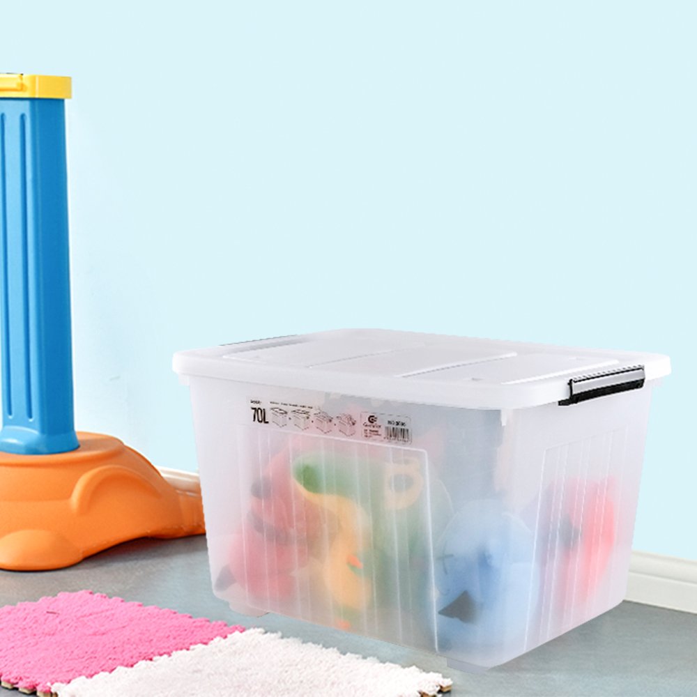4-Pack 70L Large Clear Plastic Storage Bins with Wheels & Latches - Heavy Duty Organizing Containers for Home, Office, Garage & Closet Organization