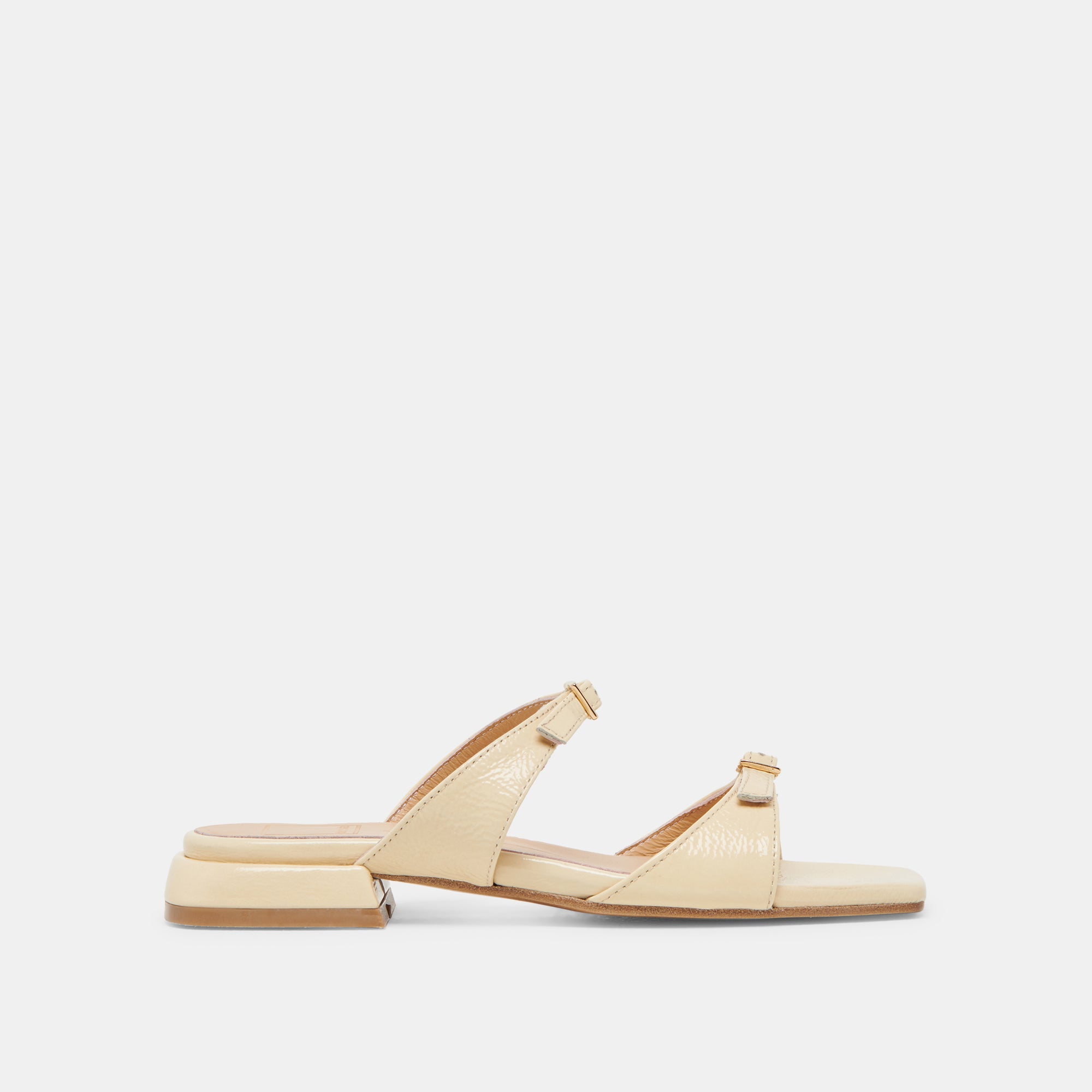 LAVERN Women's Sandals - Light Yellow Crinkle Patent Leather Summer Slide Sandals for Beach, Pool, and Casual Outings