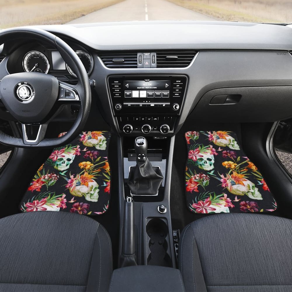 4 Pcs Floral Sugar Skull Car Mats - Non-Slip Floor Mats for Cars, Trucks & SUVs - Perfect for Day of the Dead Decor & Automotive Protection