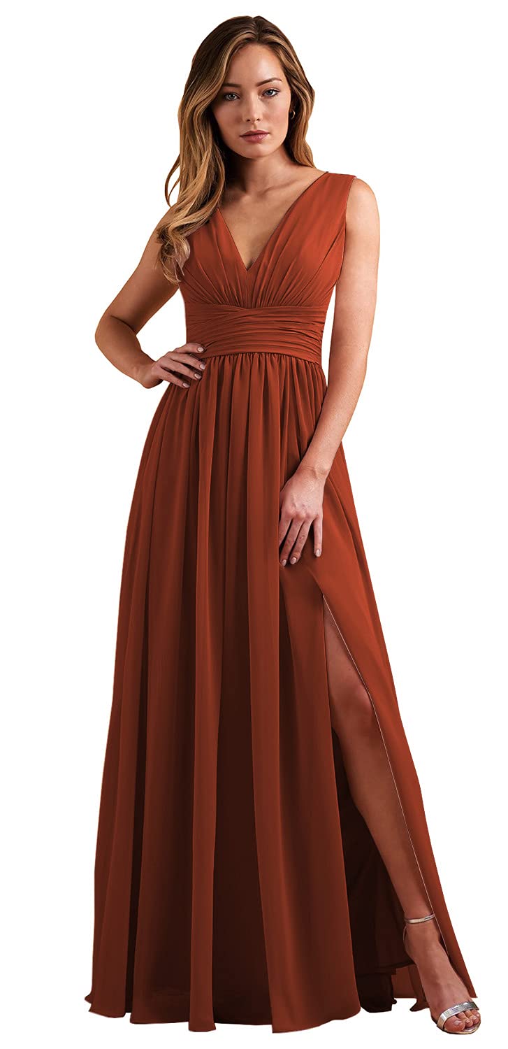 TORYEMY Women's Long Chiffon Bridesmaid Dress with High Slit & Double V-Neck - Elegant Pleated Formal Gown for Weddings, Prom, Evening Parties and Special Occasions