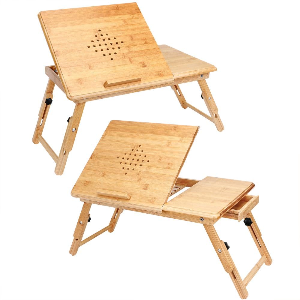 CASARIA® Adjustable Bamboo Wood Laptop Desk Set of 2 - Foldable Tilt Stand with Drawer & Ventilation Holes for Sofa, Bed, Office - Perfect for Working, Studying or Watching Movies in Bed