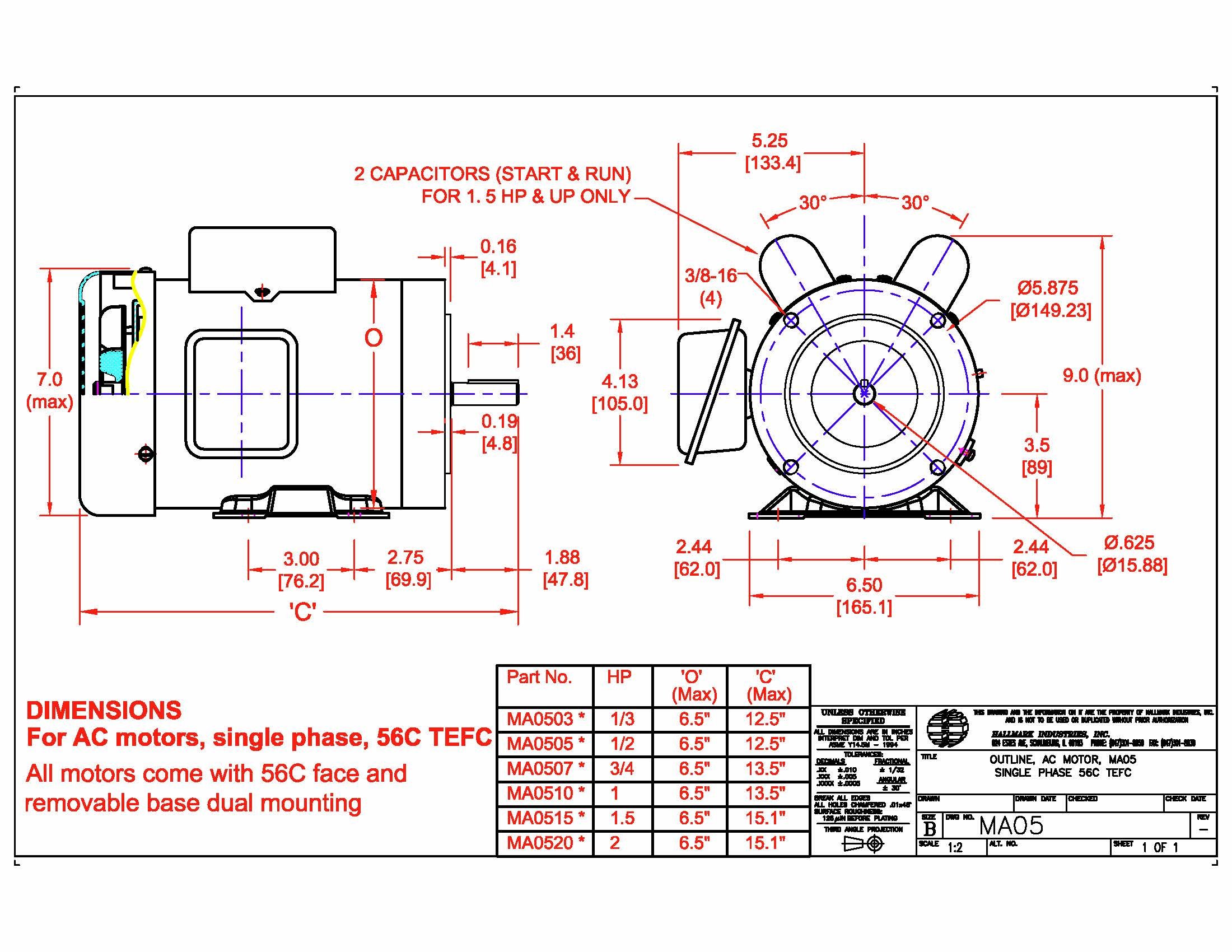 Hallmark Industries MA0515A 1.5 HP AC Motor - 1725 RPM, 1 Phase 60Hz, 115/208-230V, 56C/TEFC, Capacitor Start & Run, Foot Mounted, Steel Frame (Pack of 1) - Ideal for Pumps, Fans, and Industrial Machinery