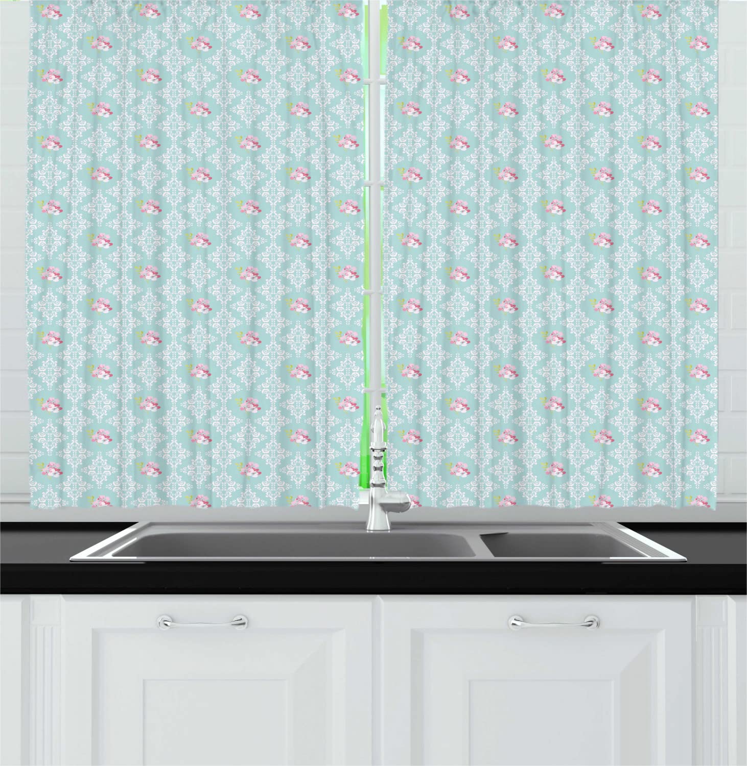 Ambesonne Floral Damask Long Kitchen Curtains - Pastel Pink, Blue & Green Intricate Pattern - 2 Panel Rod Pocket Drapes 55