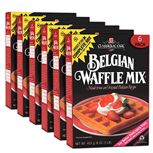 Classique Fare Belgian Waffle Mix - Premium Light & Crispy Waffle, Pancake, Muffin & Crepe Mix - Works with Any Waffle Maker - Quick & Easy Breakfast Solution - 16 Oz (Pack of 6) - Perfect for Family Brunches, Weekend Treats & Holiday Gatherings