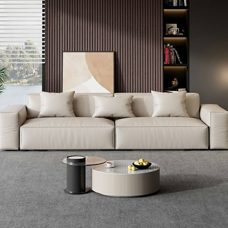 Premium Ivory Tear-Resistant Genuine Leather Sofa with Solid Pine Wood Frame - Luxury Living Room Furniture for Home & Office Comfort