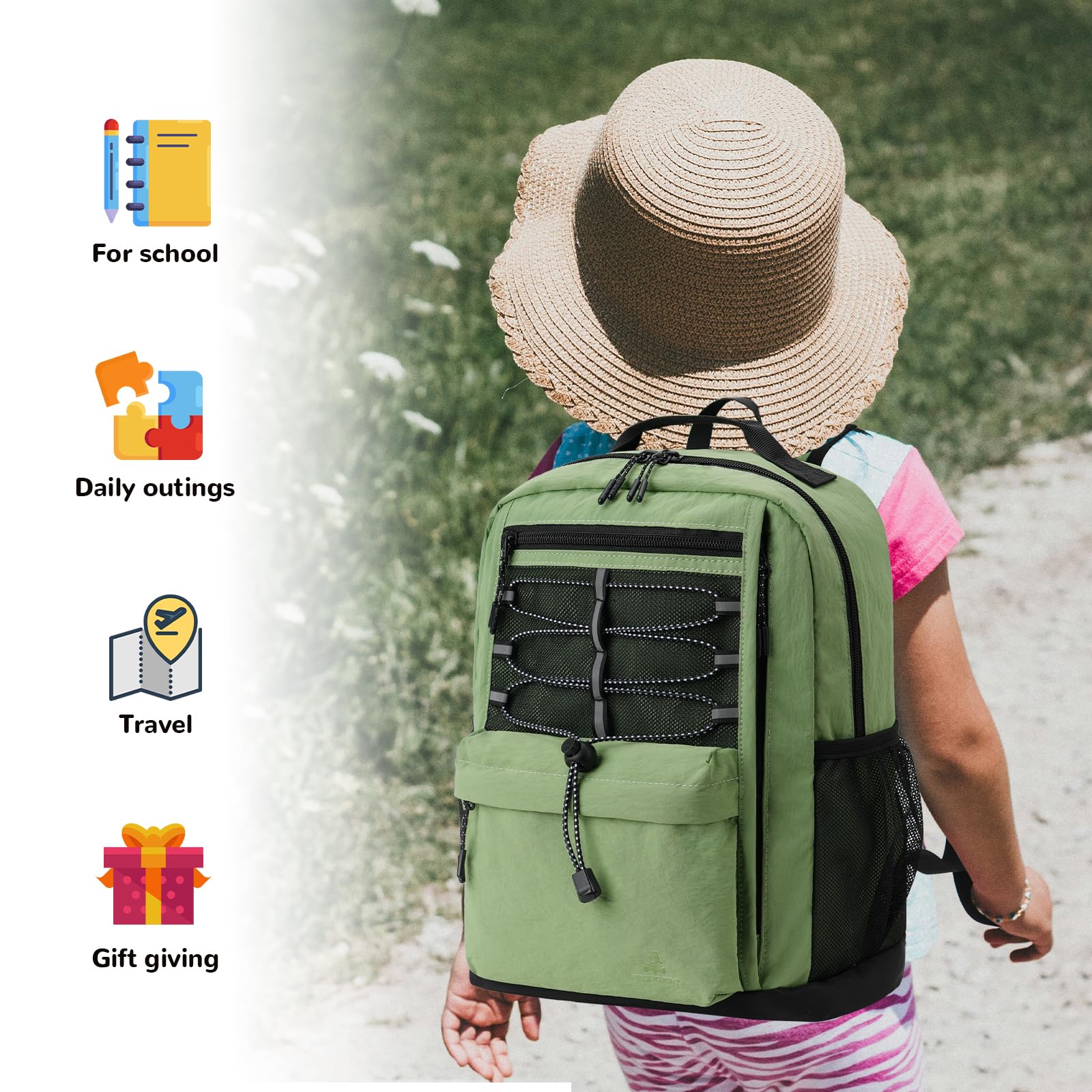 10L Small Lightweight Kids Backpack for Boys & Girls Ages 3-9 - Waterproof Mini Daypack for School, Travel, Hiking & Outdoor Activities - Army Green
