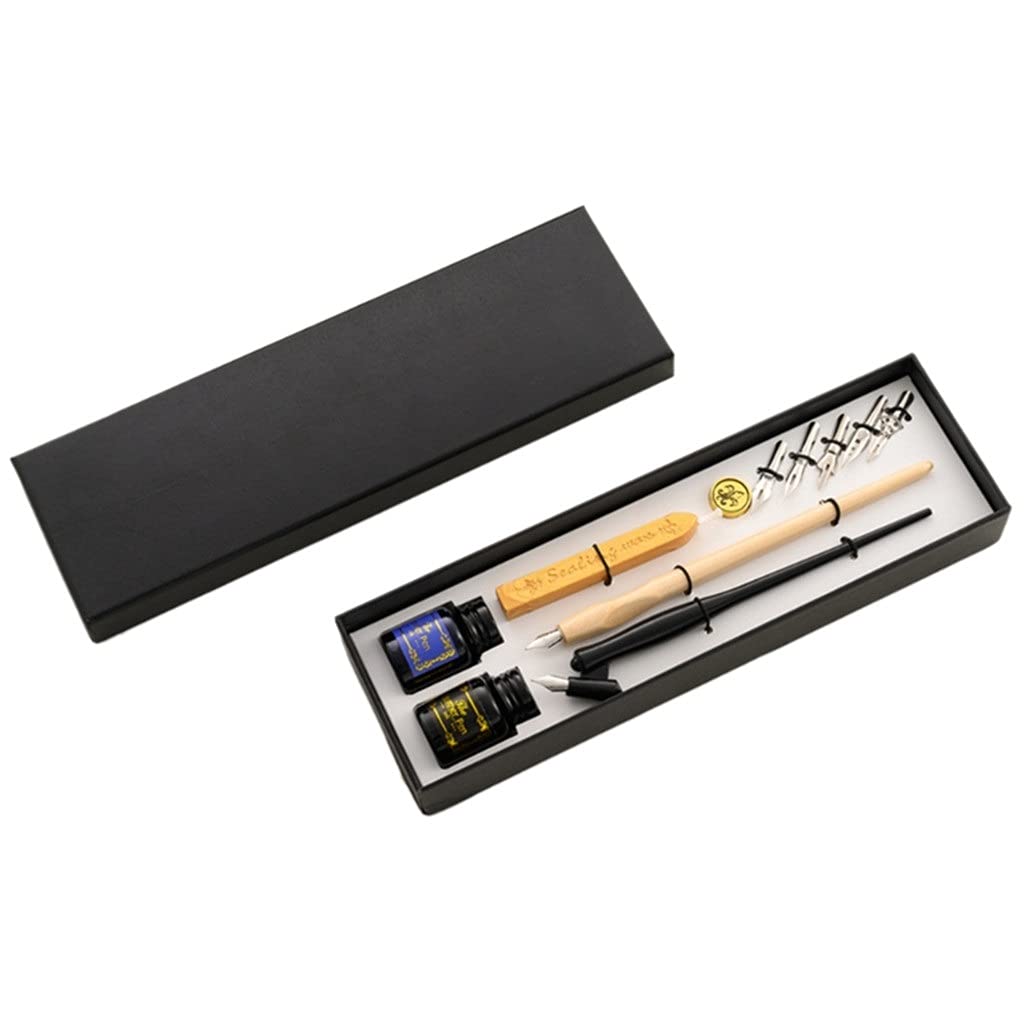 Vintage Dip Pen Fountain Calligraphy Set with 5 Nibs & Wax Seal Stamp - Elegant Writing Ink Gift Box for Letter Writing, Wedding Invitations & School Supplies (Color: Black)