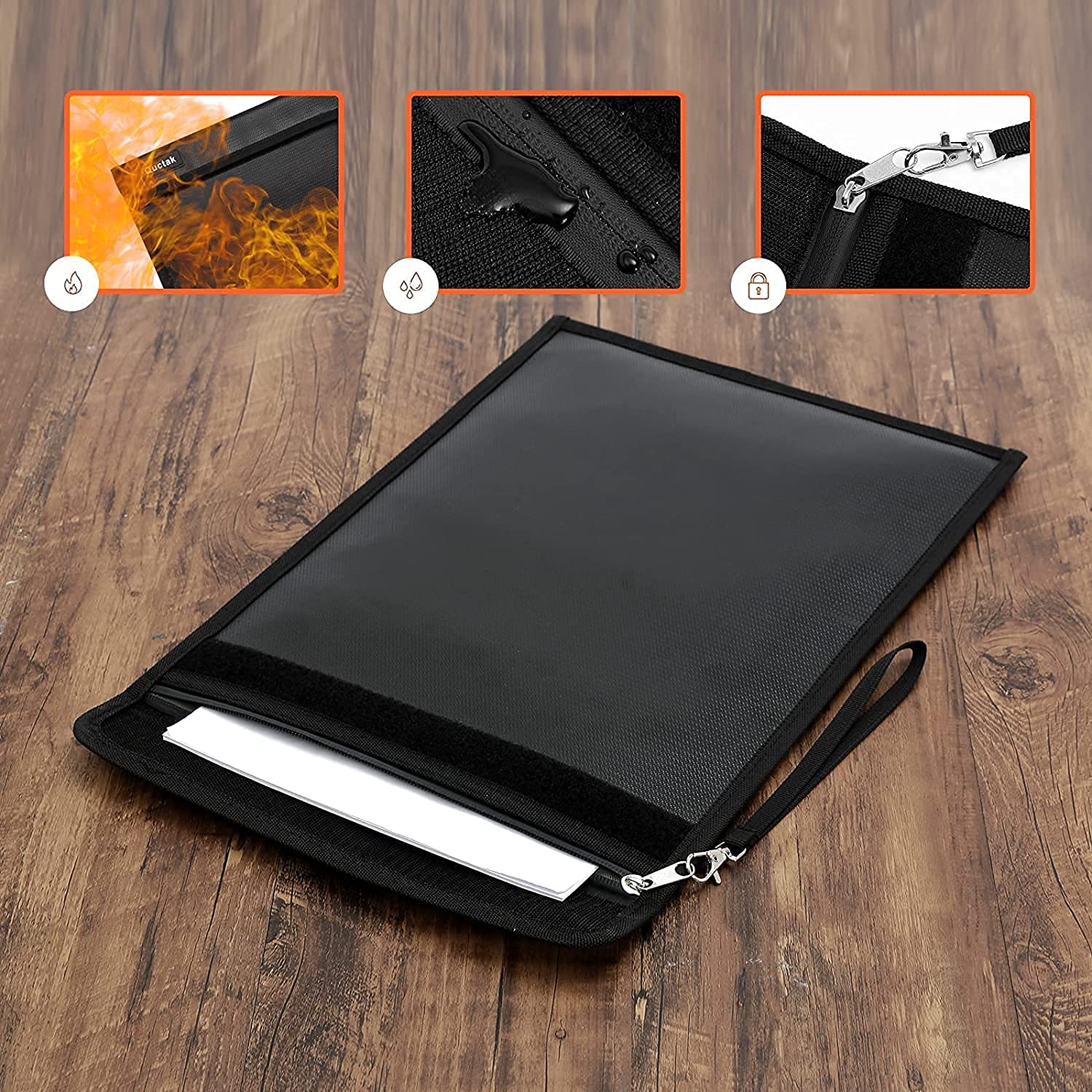 Fireproof Document Bag 15x11 Inches - Waterproof & Fire Resistant (2000℉) Money Safe with Strap & Zipper - Protect Valuables, Jewelry, Legal Papers, Files & Tablets - Ideal for Home, Office & Travel Safety (Black)