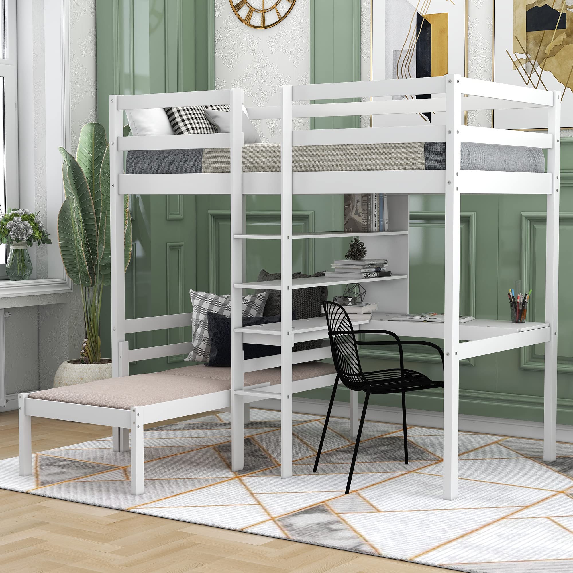 Harper & Bright Designs Twin Size Loft Bed with Desk - Wooden Bunk Bed with Storage Shelves, Ladder & Safety Rail - Convertible Lower Bed, No Box Spring Needed - White - Perfect for Kids' Bedroom, Dorm Room or Small Space Saving Solution