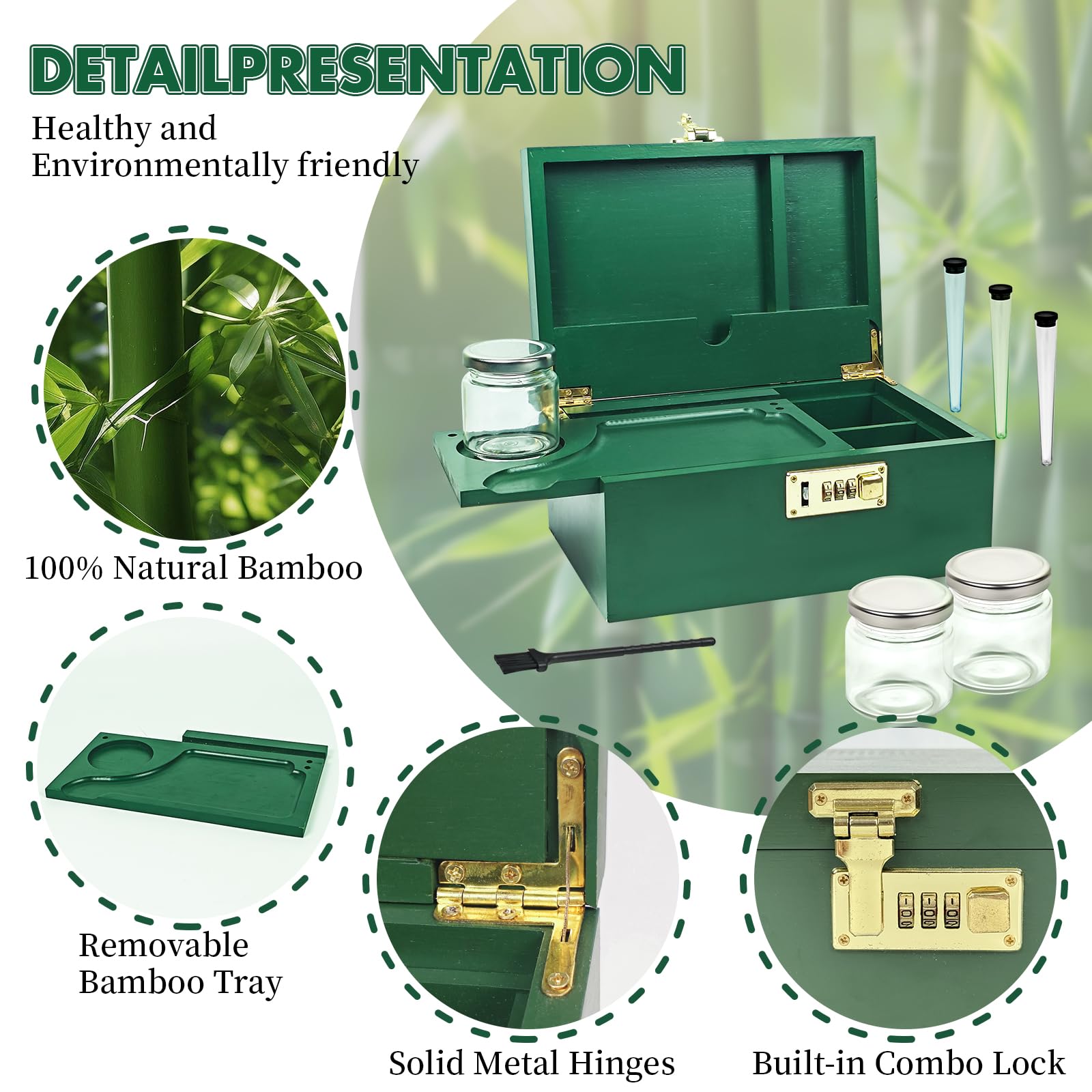 Premium Bamboo Stash Box with 3 Airtight Glass Jars - Portable Lockable Storage Container for Herbs, Spices & Valuables (Green) | Perfect for Travel, Home Organization & Cannabis Storage