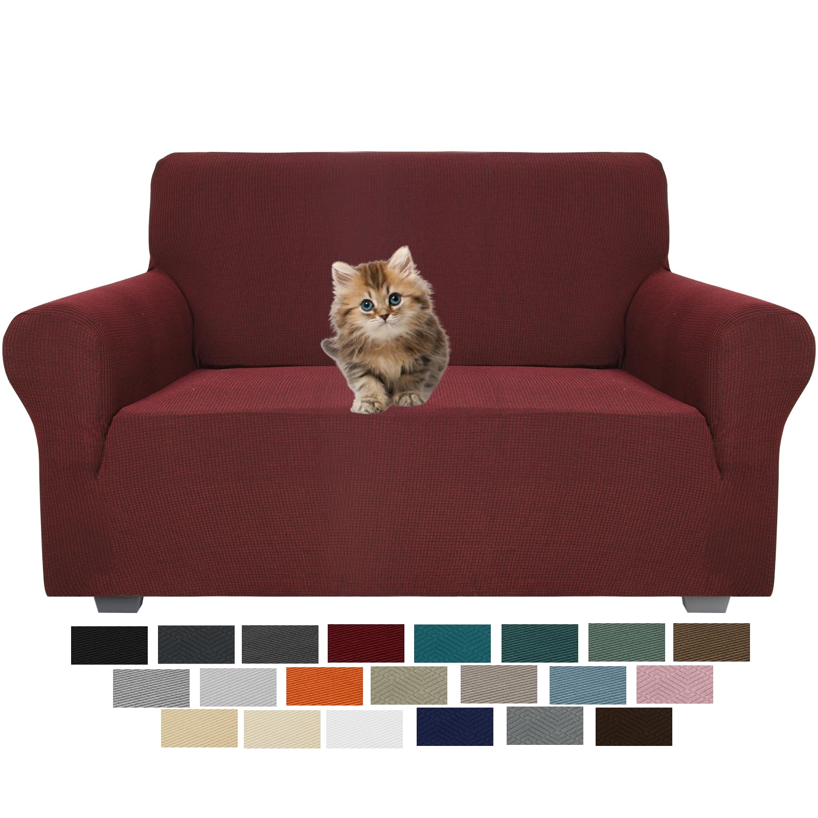JIVINER Stretch Jacquard Sofa Cover - 2 Cushion Anti-Slip Loveseat Slipcover with Small Check Pattern, Wine Red - Perfect for Homes with Kids & Pets, Living Room Furniture Protection