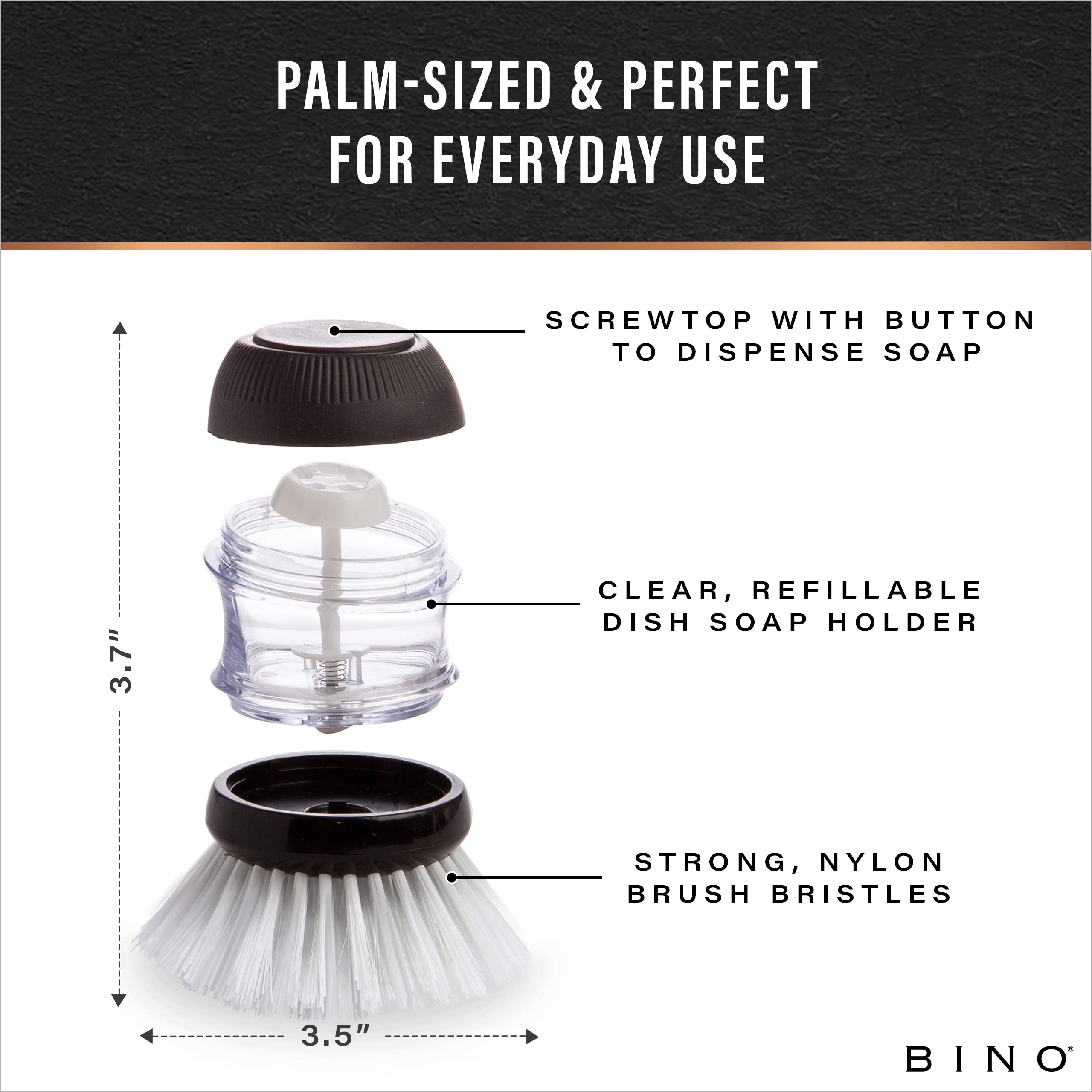BINO Palm Soap Dispenser Brush - Round Dish Scrubber with Refillable Design | Nylon Cleaning Brush for Kitchen, Sink & Household Dishwashing | Perfect for Pots, Pans, Plates & Utensils Cleaning